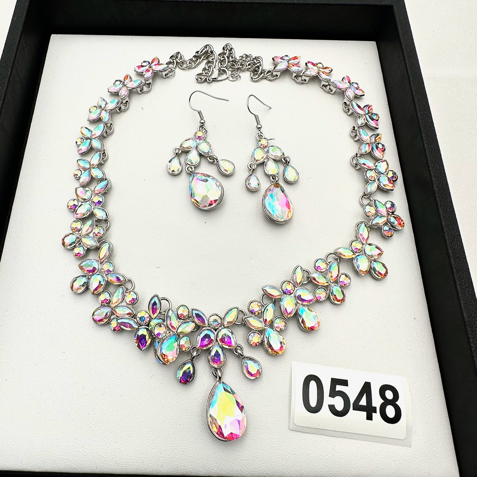 Aurora Borealis Silver Tone Statement Necklace and Pierced Earrings (1 of 2)