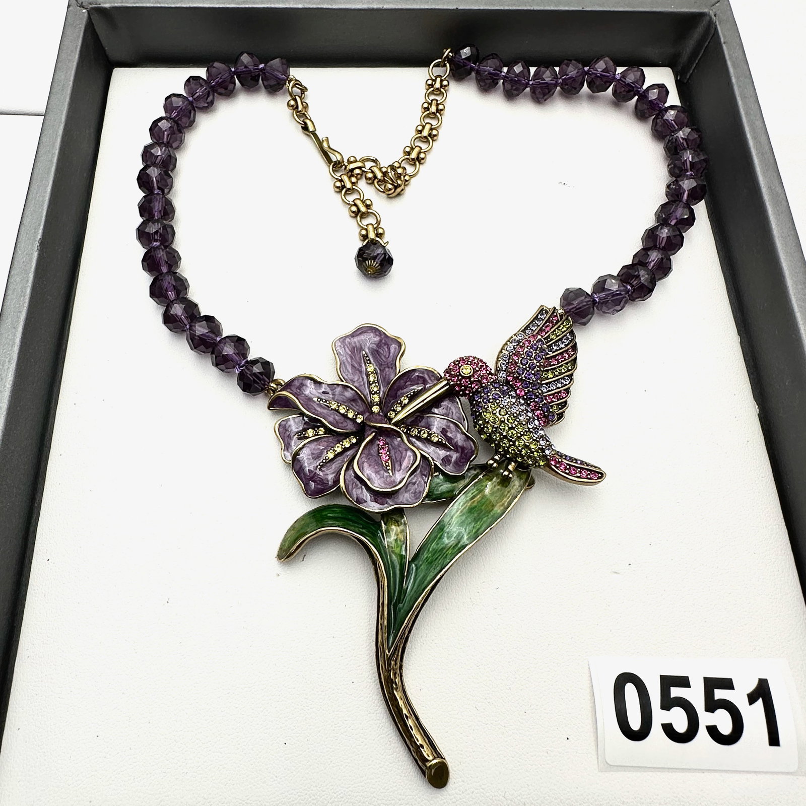 Heidi Daus Hummingbird Flower Enamel Crystal Bronze Tone Necklace 16 to 19 Inch (1 of 2)
