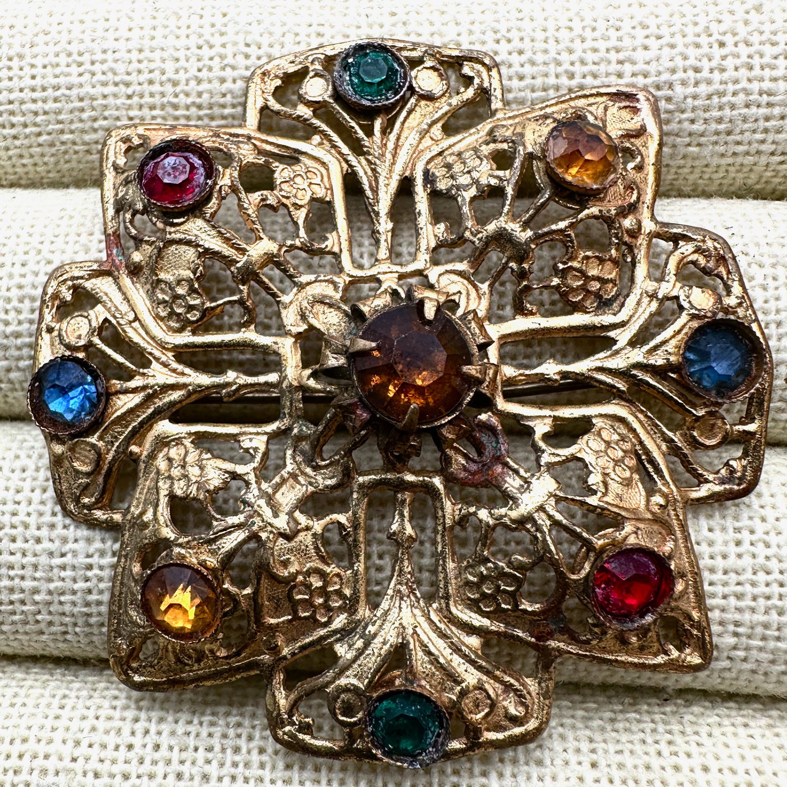 Antique Multicolor Czech Glass Gold Tone Filigree Brooch Pin 2.25 Inch (1 of 2)