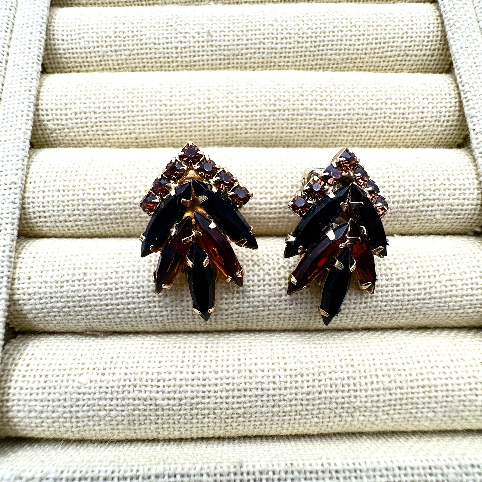 Vintage Amber and Black Glass Rhinestone Gold Tone Clip Earrings (1 of 2)