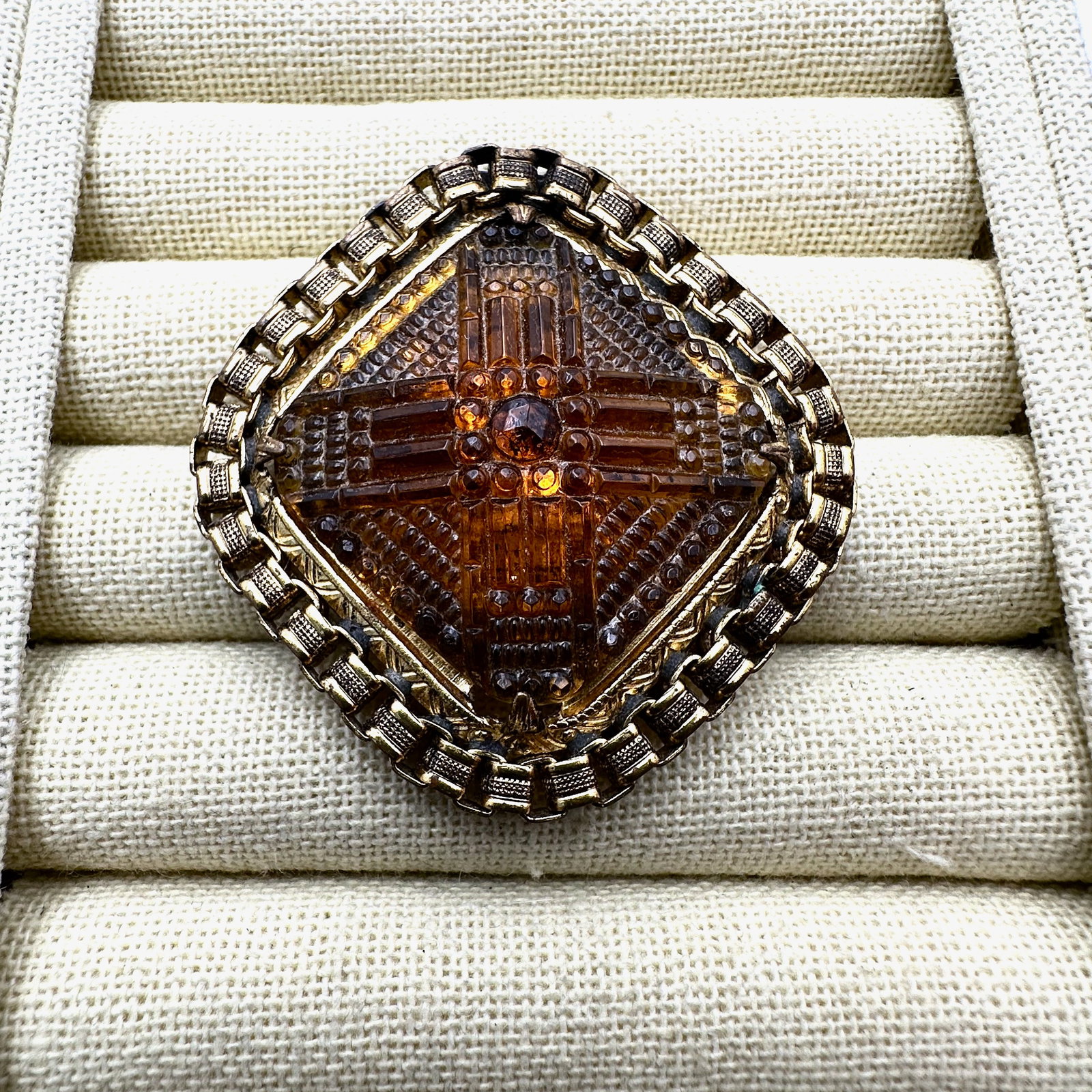 Antique Amber Pressed Czech Glass Gold Tone Dress Fur Clip 2.5 Inch (1 of 2)