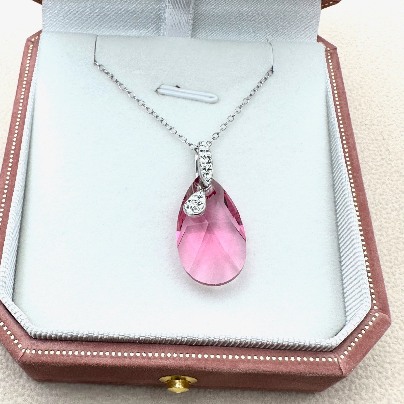 Pink Crystal Teardrop Pendant Sterling Silver Necklace 18 Inch Chain Box Included: Pink Crystal Teardrop Pendant Sterling Silver Necklace 18 Inch Chain Box Included