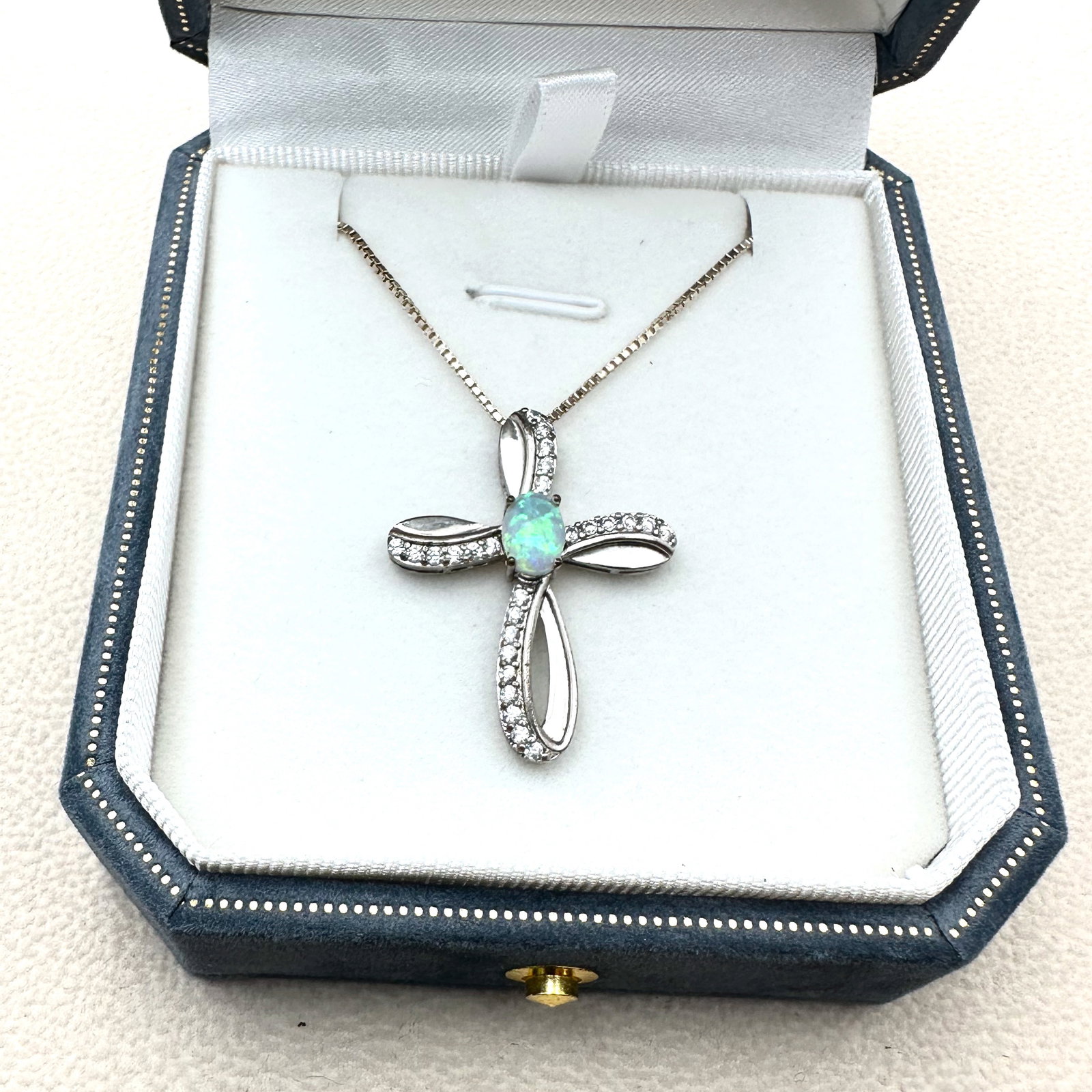 Opal And White Topaz Sterling Silver Cross Pendant Necklace 20 Inch Chain Box Included (1 of 2)