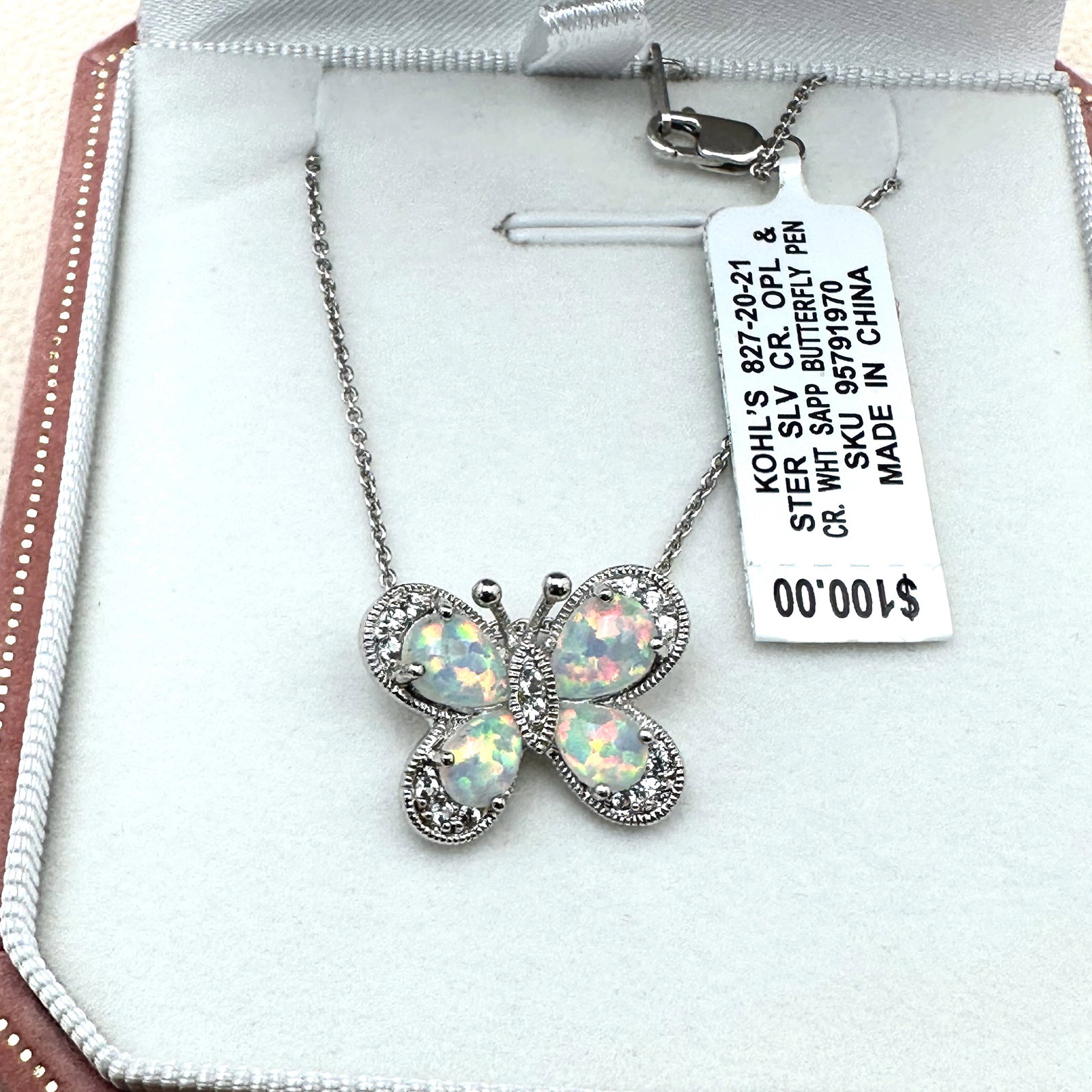 Opal and White Sapphire Butterfly Sterling Silver Pendant Necklace 17 Inch Chain Box Included (1 of 2)