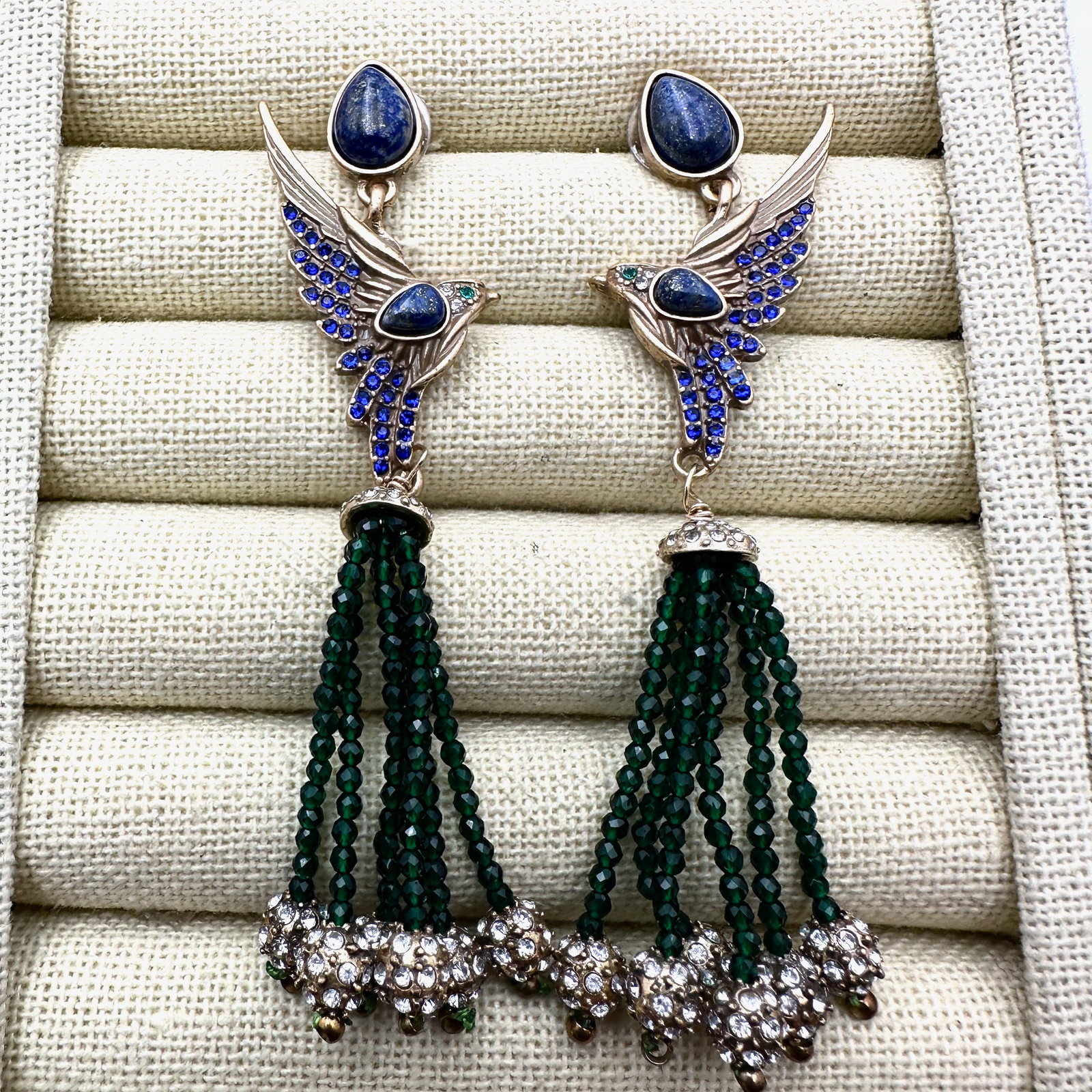 Blue Green Glass Rhinestone Bead Gold Tone Bird Design Pierced Earrings 3.5 Inch (1 of 2)