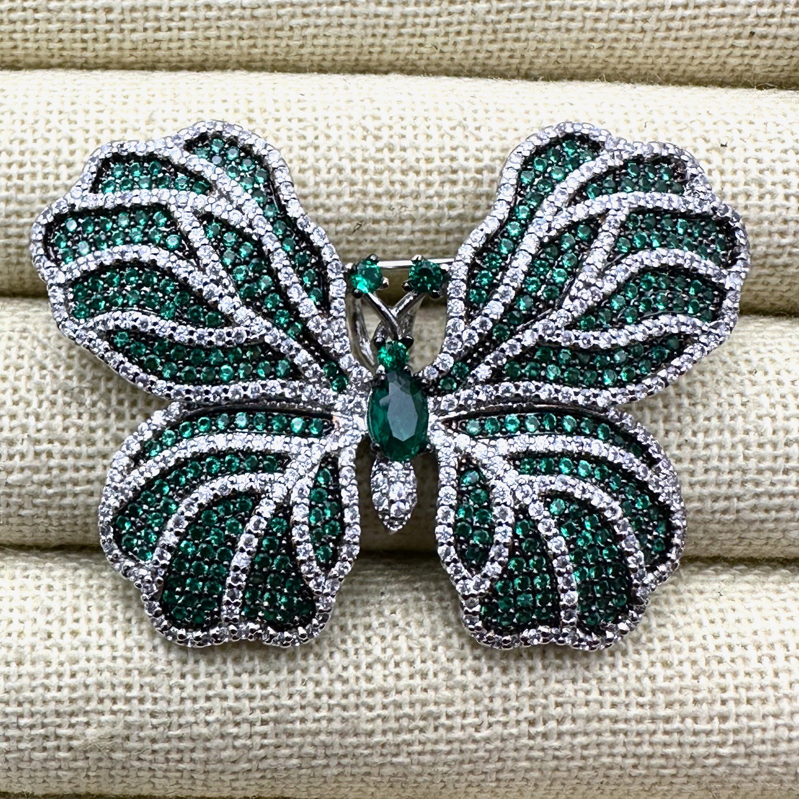 Emerald Green and Clear Crystal Silver Rhodium Plated Butterfly Brooch Pin Pendant 2 Inch (1 of 2)