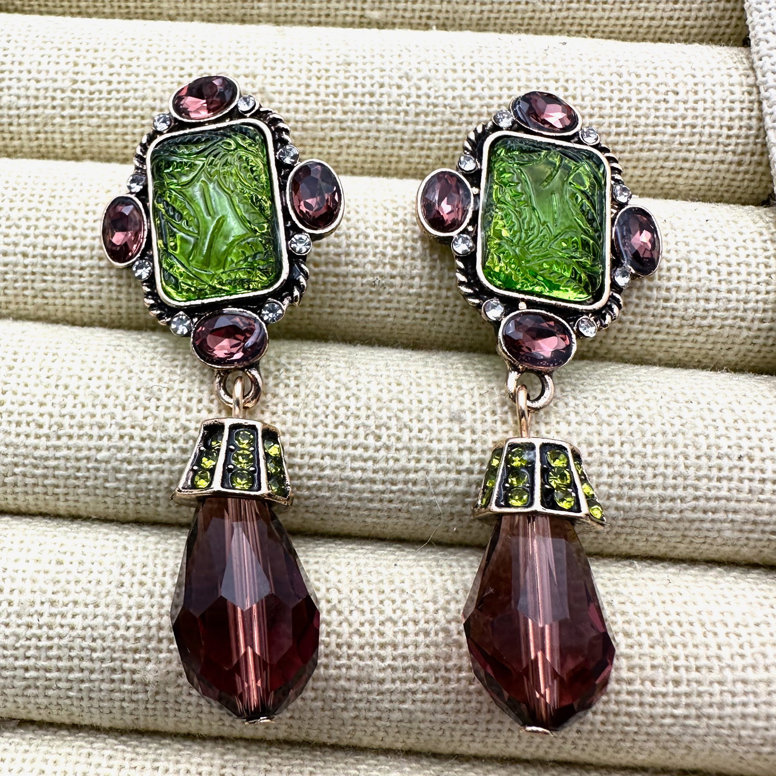 Green and Purple Glass Drop Gold Tone Pierced Earrings 2.25 Inch: Green and Purple Glass Drop Gold Tone Pierced Earrings 2.25 Inch