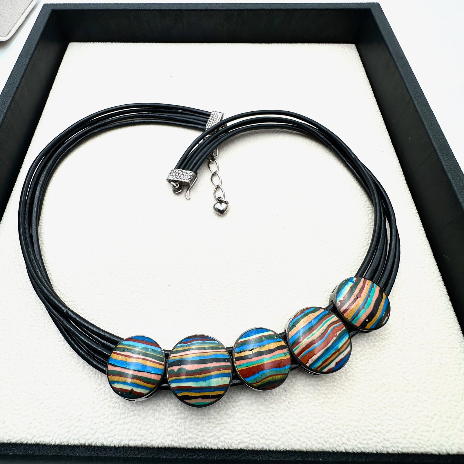 Jay King Reversible Turquoise and Rainbow Calcilica Sterling Silver Black Leather Necklace (1 of 2)