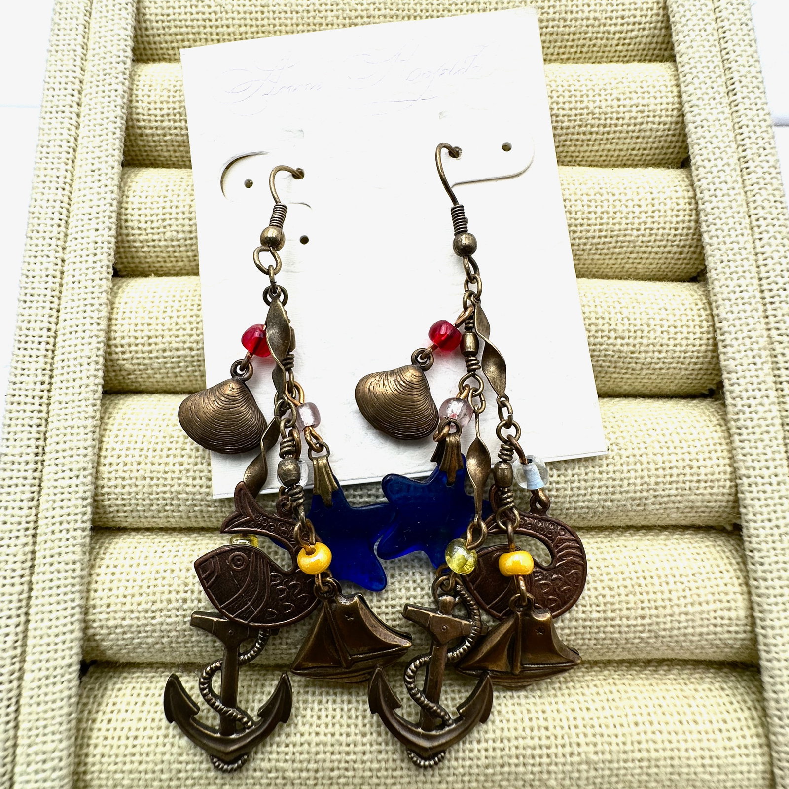 Anne Koeplik Antique Gold Tone Sailboat Sea Shore Pierced Chandelier Earrings on Original Card: Anne Koeplik Antique Gold Tone Sailboat Sea Shore Pierced Chandelier Earrings on Original Card