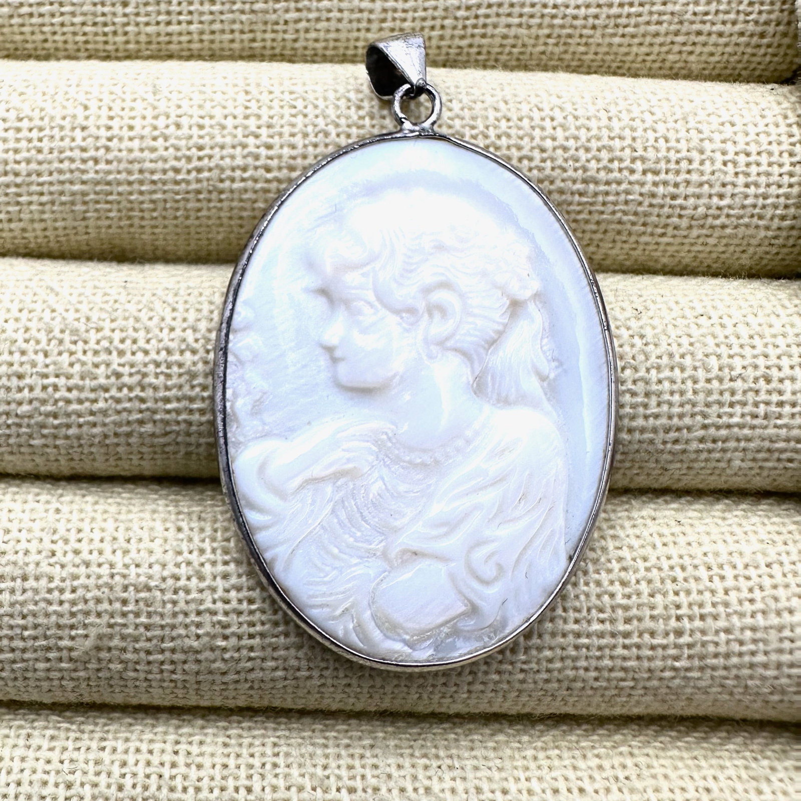 Sterling Silver Carved Cameo Pendant 2 Inch (1 of 2)