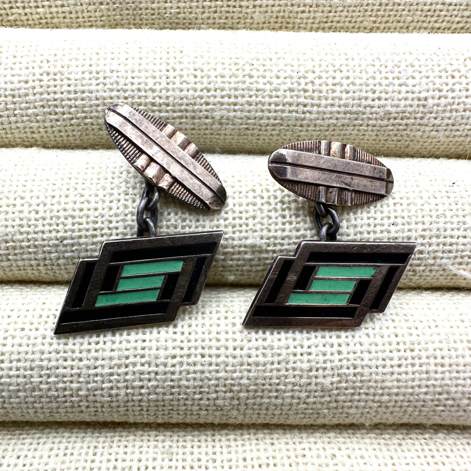 Antique Vintage Black Green Enamel Sterling Silver Cuff Links (1 of 2)