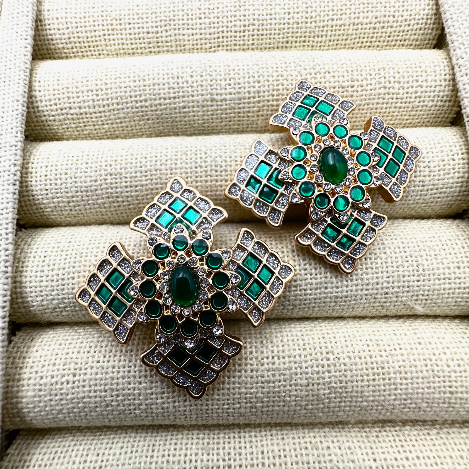 Green Enamel Clear Crystal Gold tone Maltese Cross Pierced Earrings: Green Enamel Clear Crystal Gold tone Maltese Cross Pierced Earrings