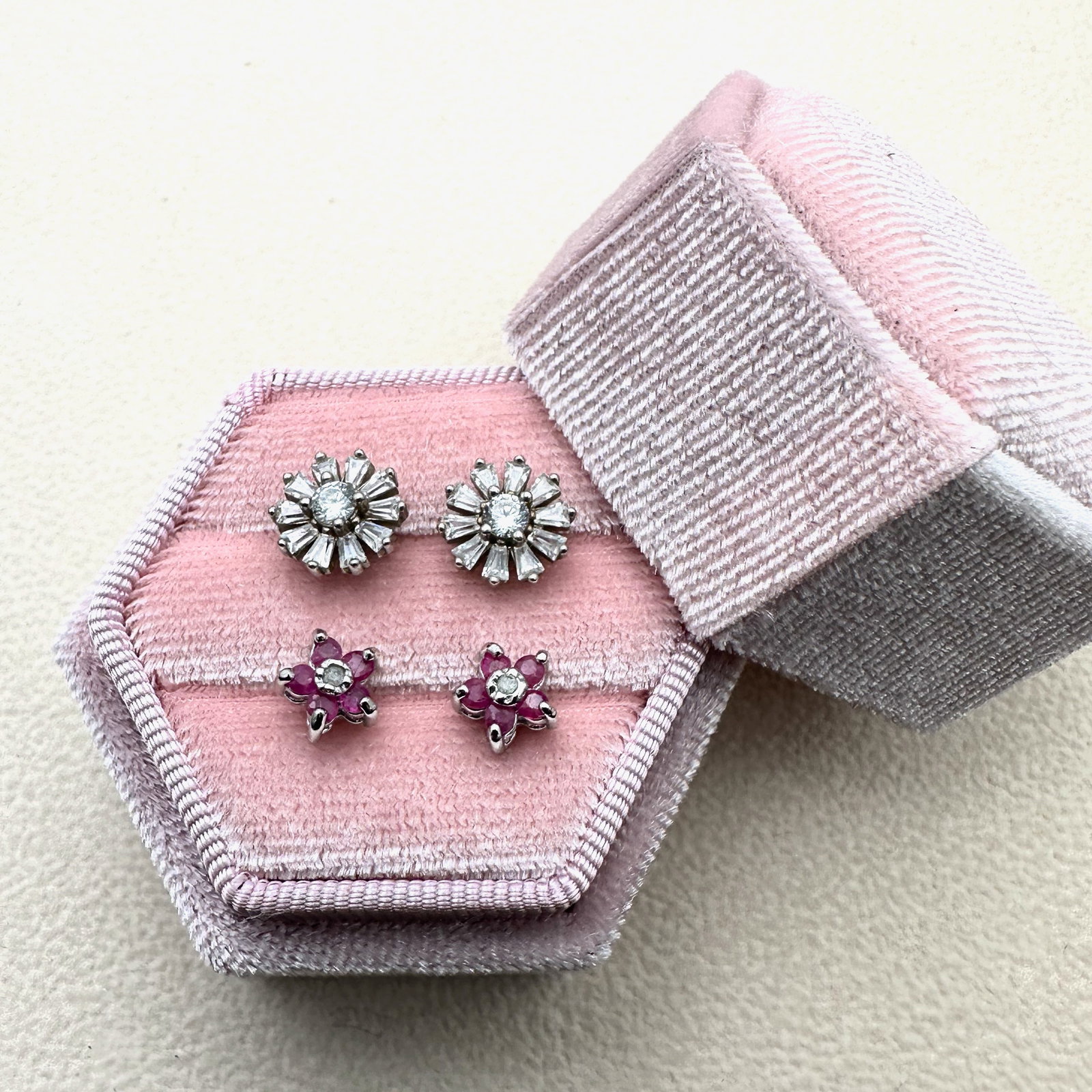 Ruby Diamond Stars and Cubic Zirconia Flower Sterling Silver Pierced Stud Earrings Box Included (1 of 2)