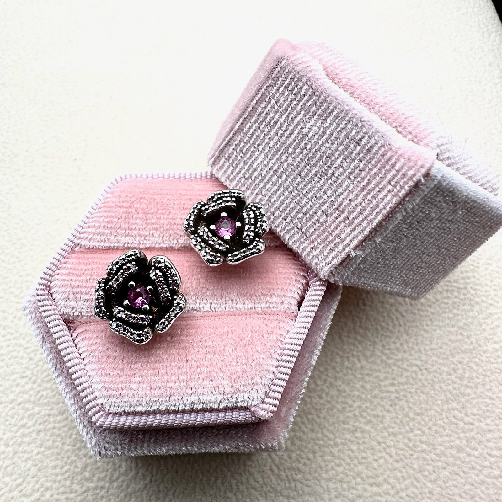 Pink Sapphire Diamond Sterling Silver Flower Design Pierced Stud Earrings Box Included: Pink Sapphire Diamond Sterling Silver Flower Design Pierced Stud Earrings Box Included