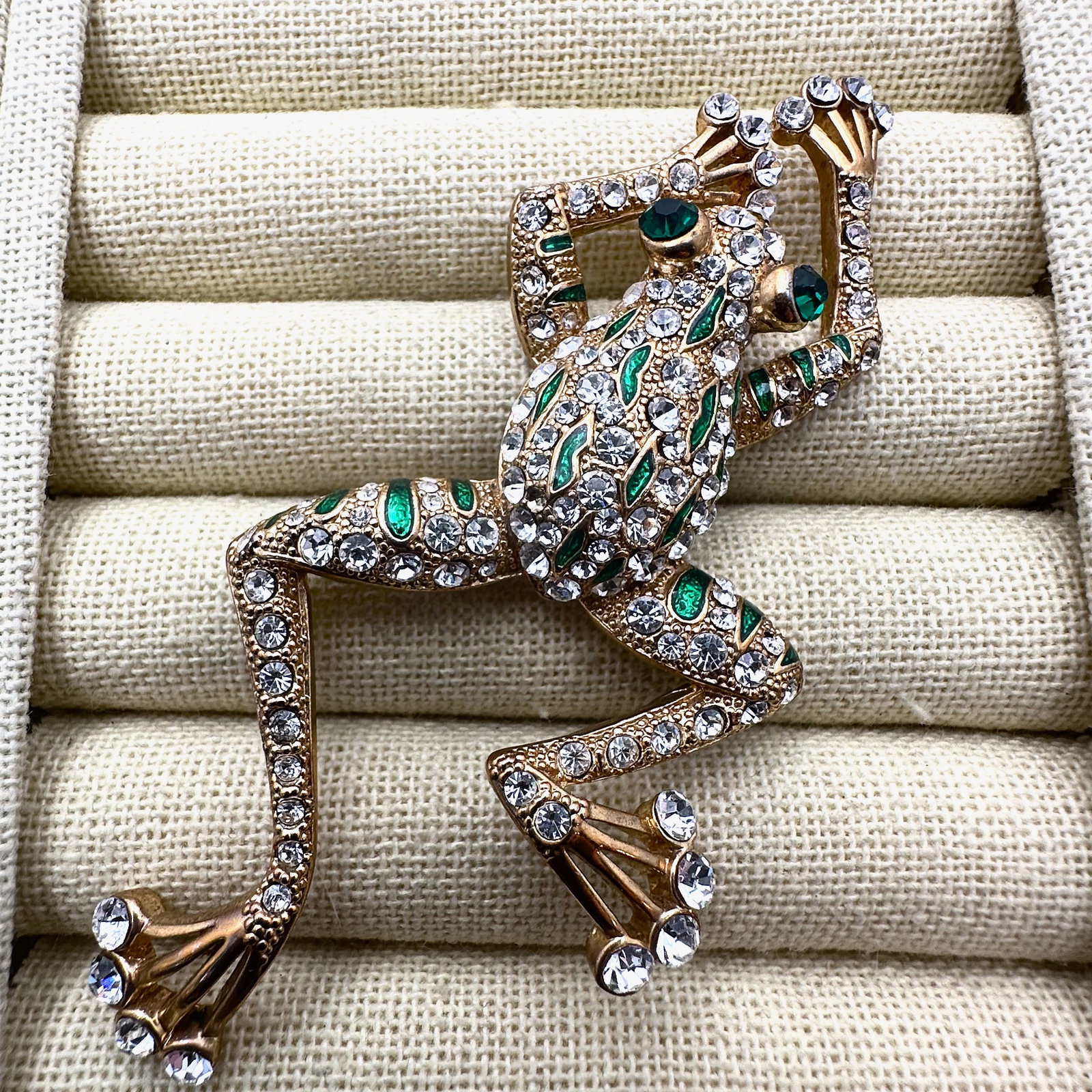 Vintage Large Frog Brooch Pin Gold Tone Green Enamel Clear Crystal 4 Inch (1 of 2)