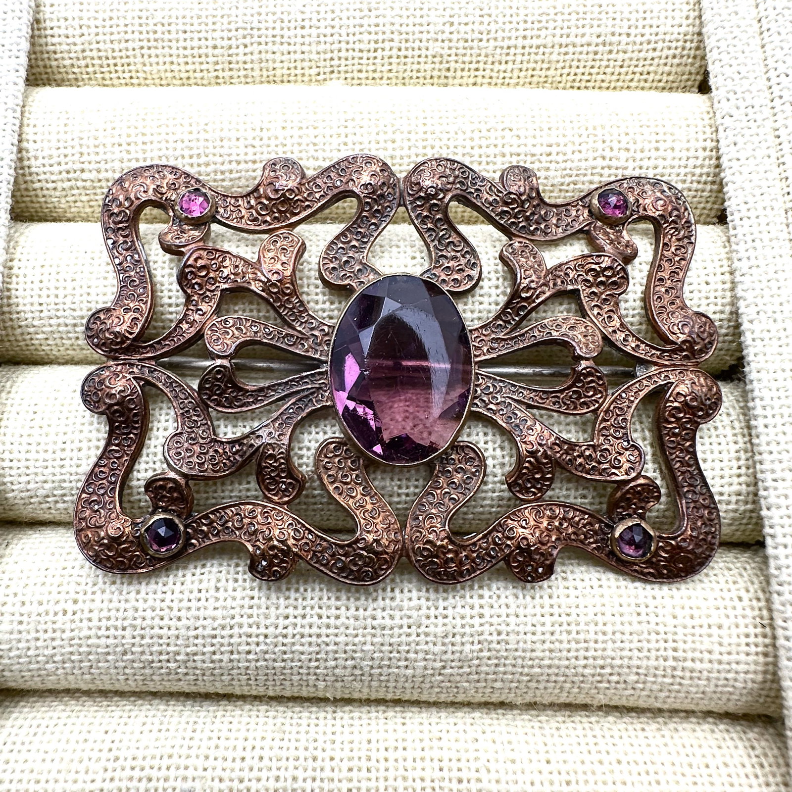 Antique Victorian Purple Glass Rhinestone Gold Tone Sash Brooch Pin 2.75 Inch (1 of 2)