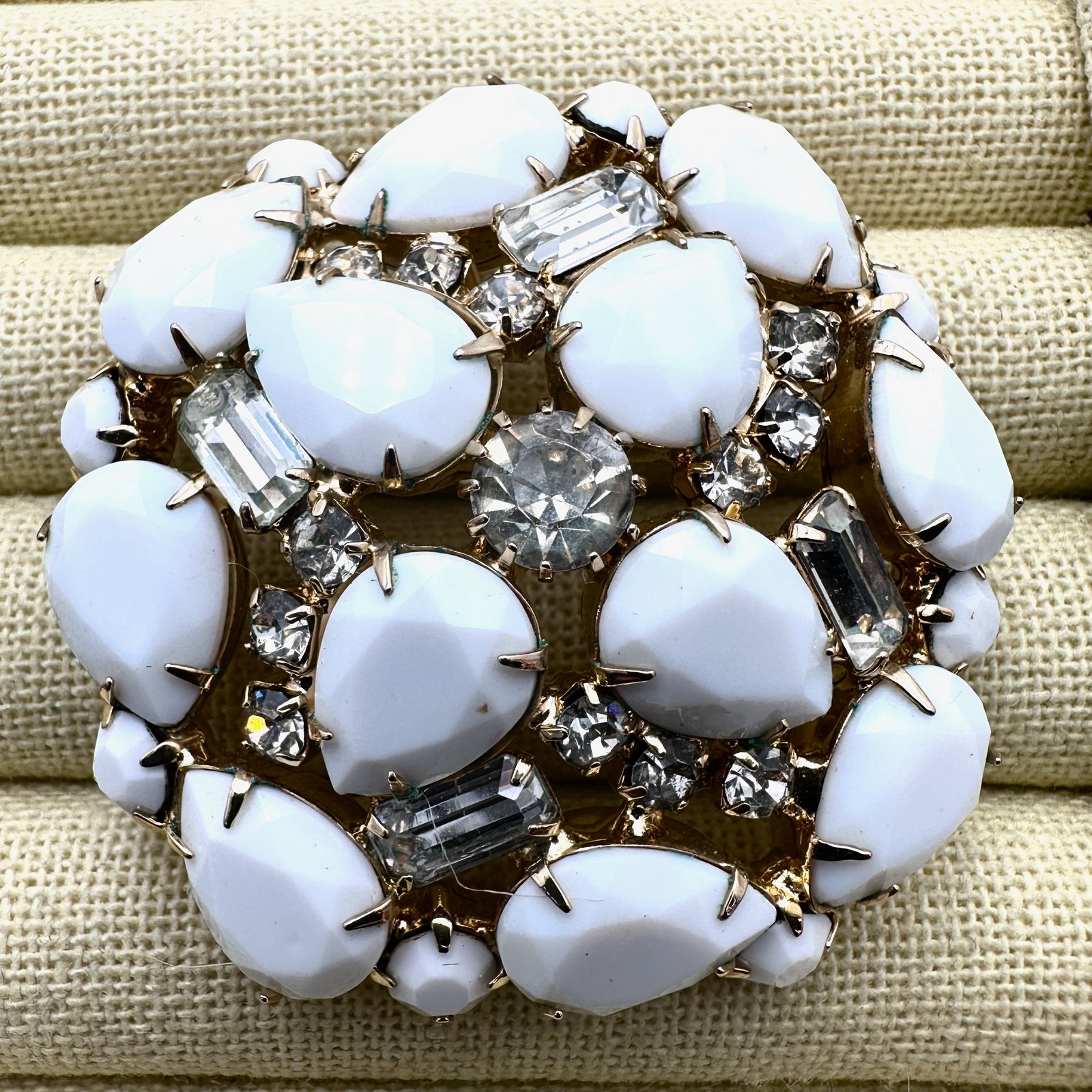 Vintage Milk Glass and Clear Rhinestone Gold Tone Brooch Pin Unsigned 2.25 Inch