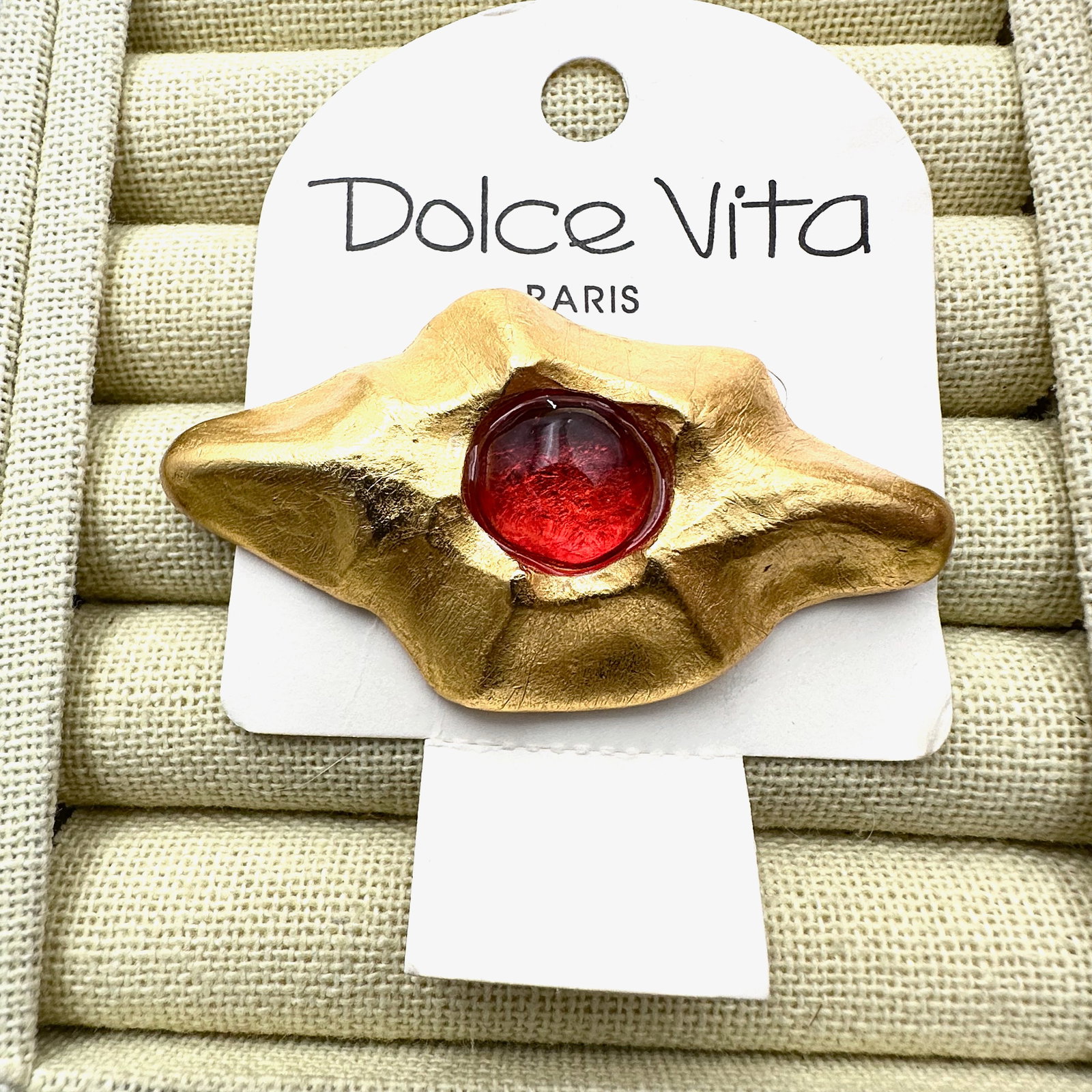 Dolce Vita Paris Matte Gold Tone Orange Gripoix Glass Brooch Pin 2.75 Inch 1980s New Old Stock (1 of 2)
