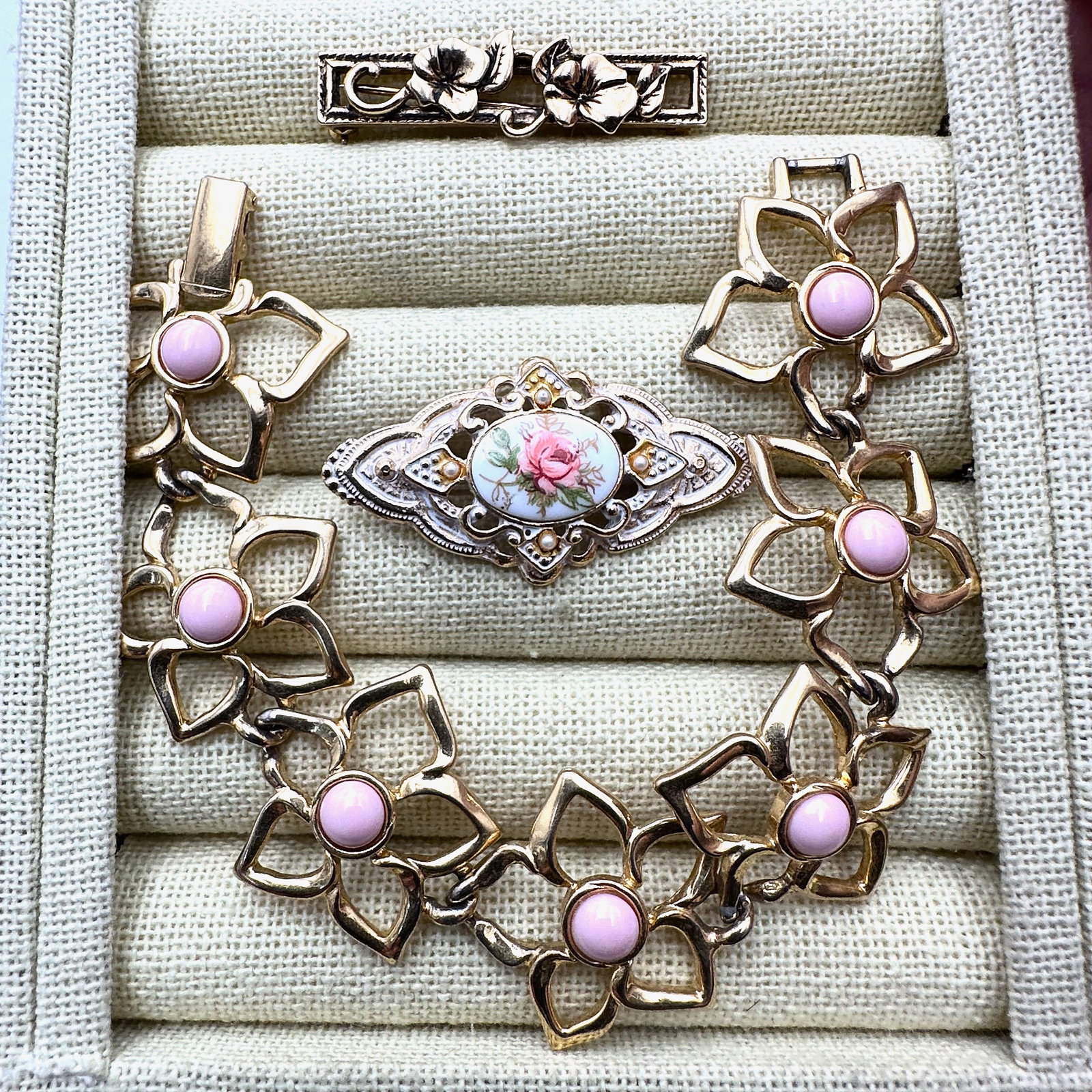 Vintage Trifari Pink Gold Tone Flower Bracelet and Victorian Revival Brooches Pins (1 of 2)