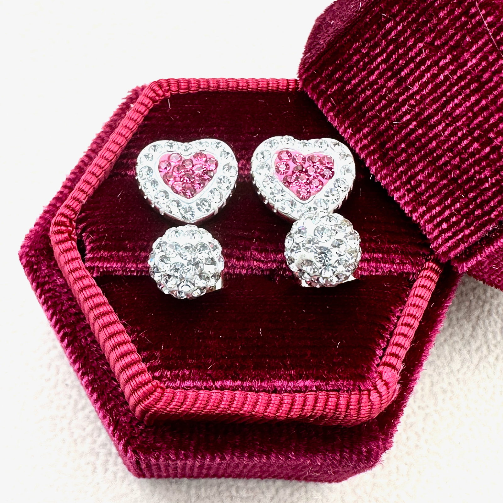 Pink And Clear Crystal Pierced Stud Earrings Hearts and Ball Design Box Included: Pink And Clear Crystal Pierced Stud Earrings Hearts and Ball Design Box Included