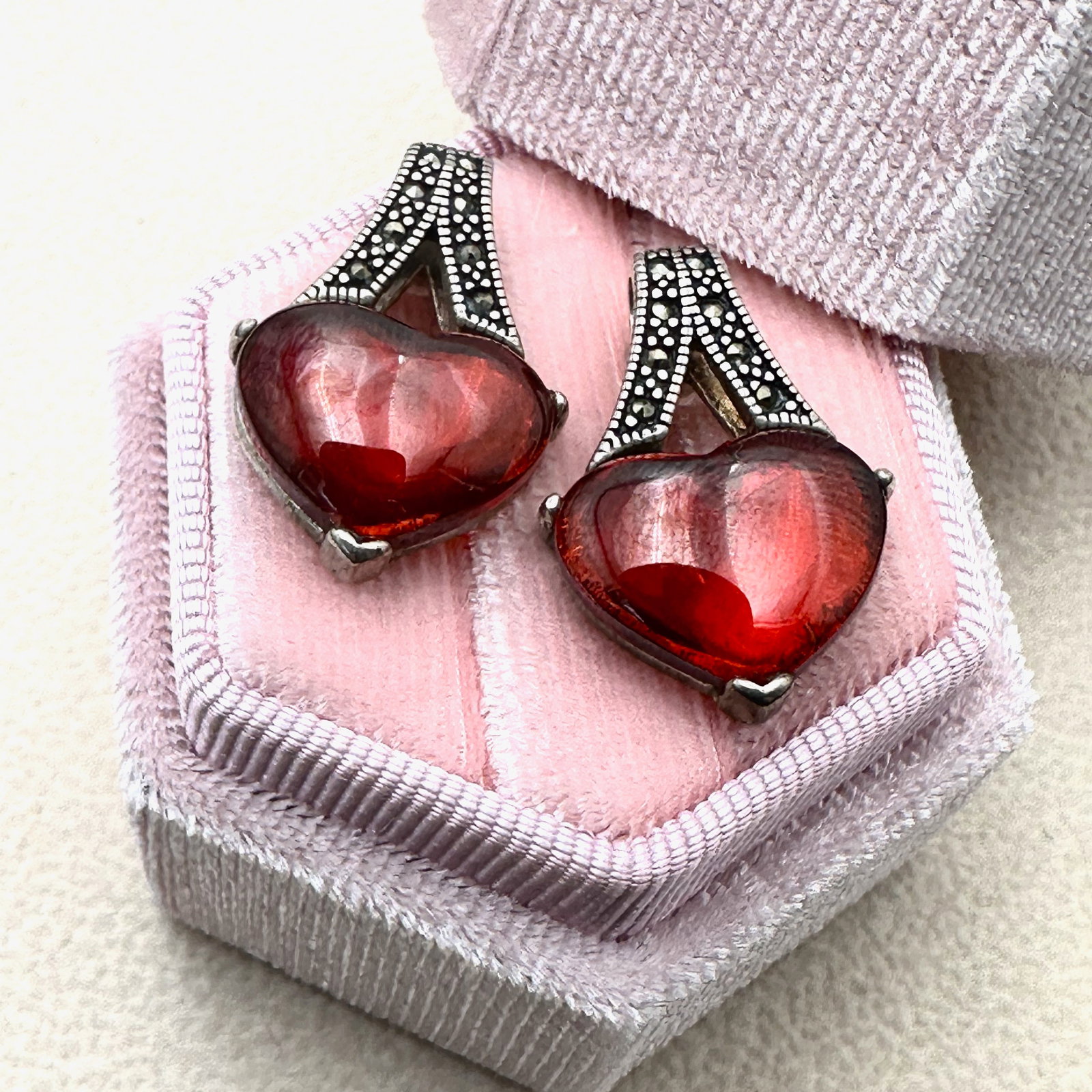 Marcasite and Red Glass Heart Sterling Silver Pierced Earrings Box Included (1 of 2)