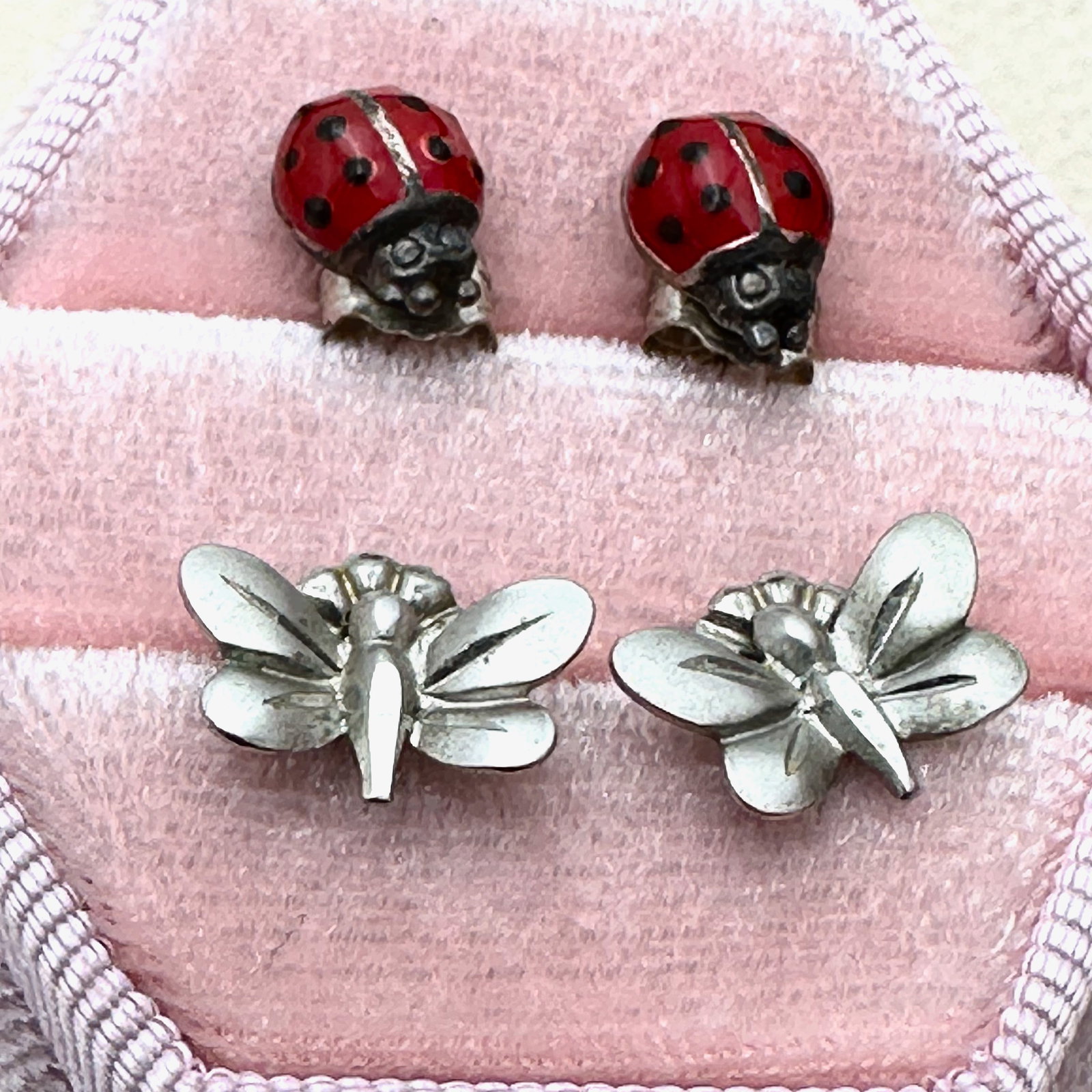 Sterling Silver Red Enamel Lady Bug and Butterfly Pierced Earrings Box Included (1 of 2)