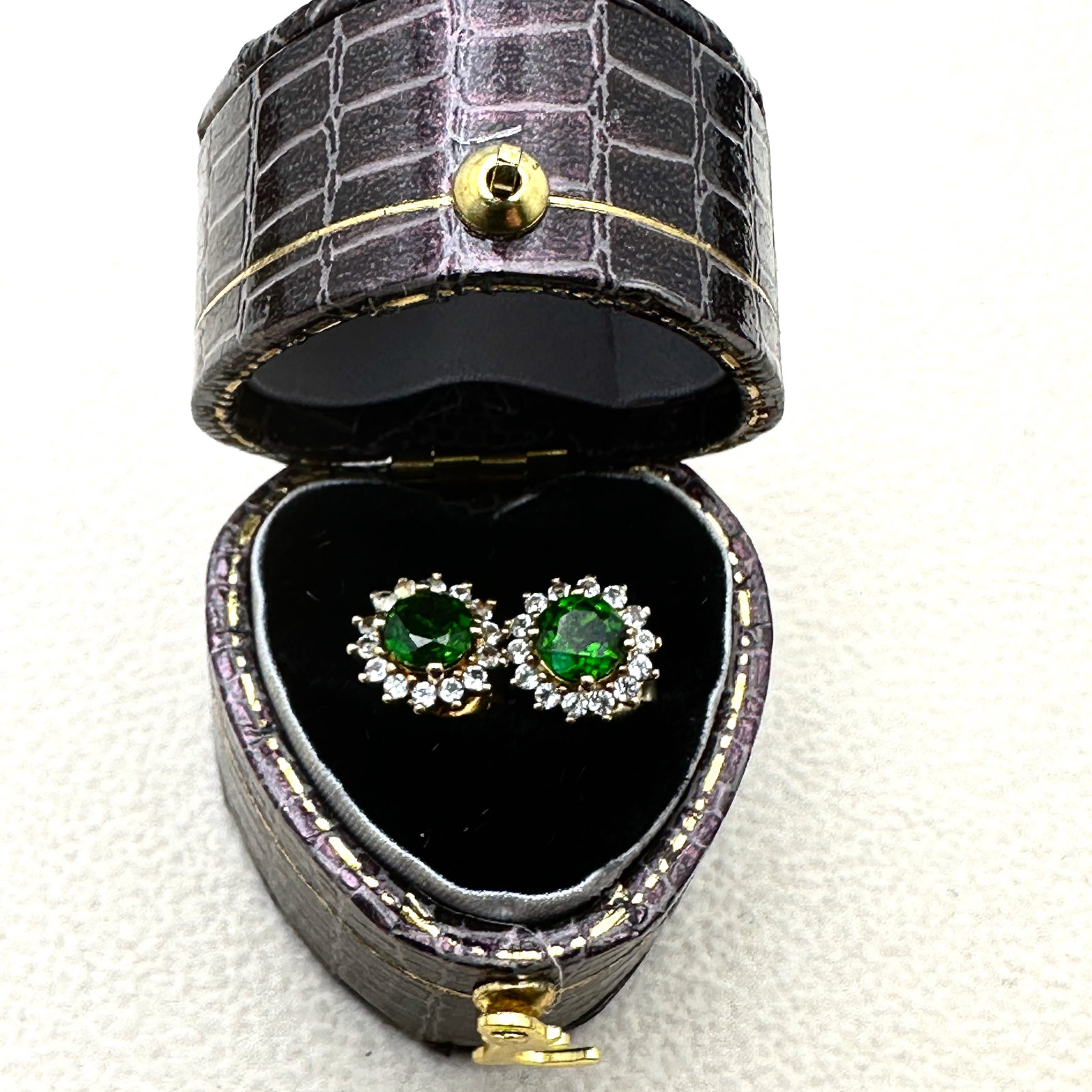 Green Emerald White Sapphire Gold Plated Sterling Silver Pierced Stud Earrings Box Included: Green Emerald White Sapphire Gold Plated Sterling Silver Pierced Stud Earrings Box Included