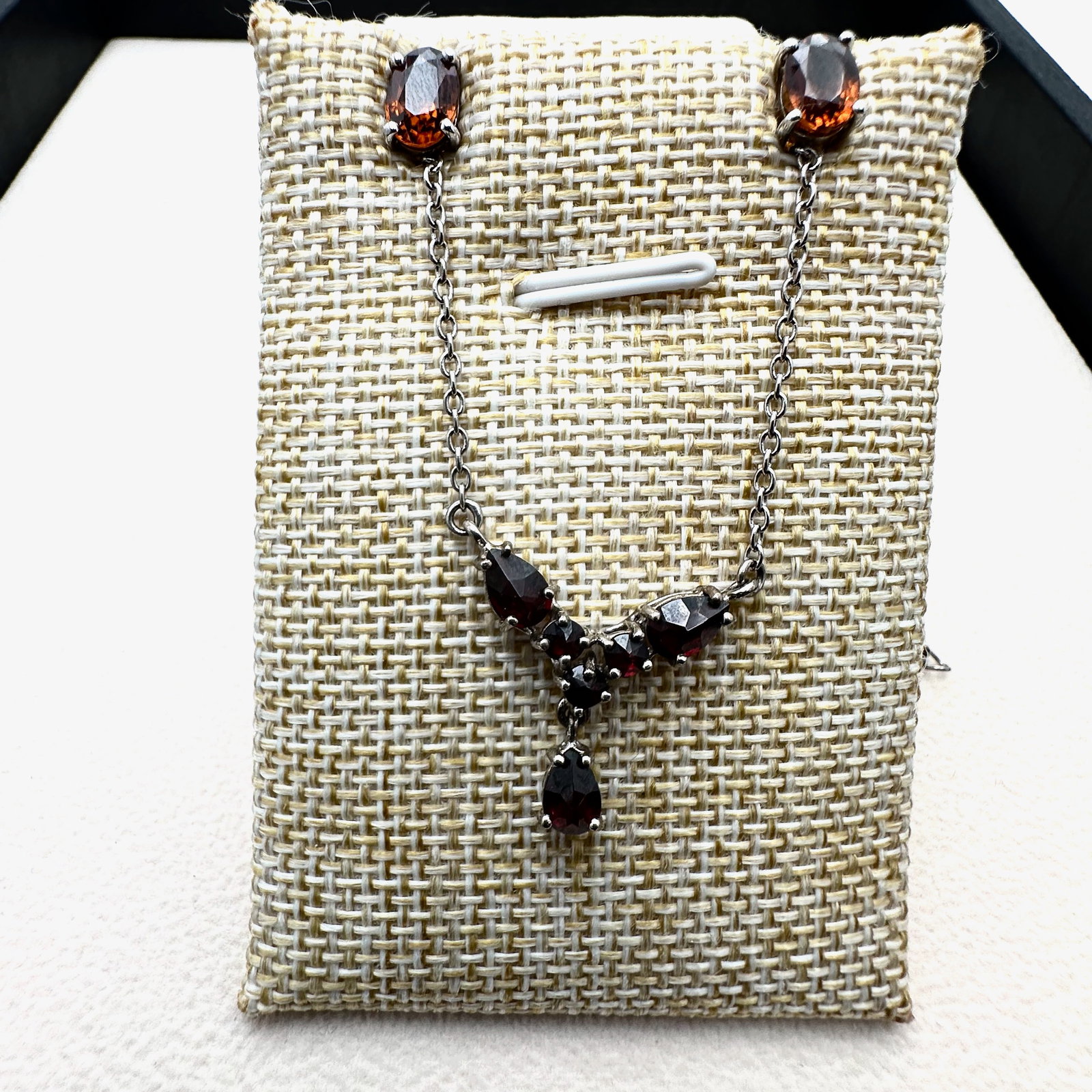 Garnet Stelring Silver Necklace and Pierced Stud Earrings: Garnet Stelring Silver Necklace and Pierced Stud Earrings