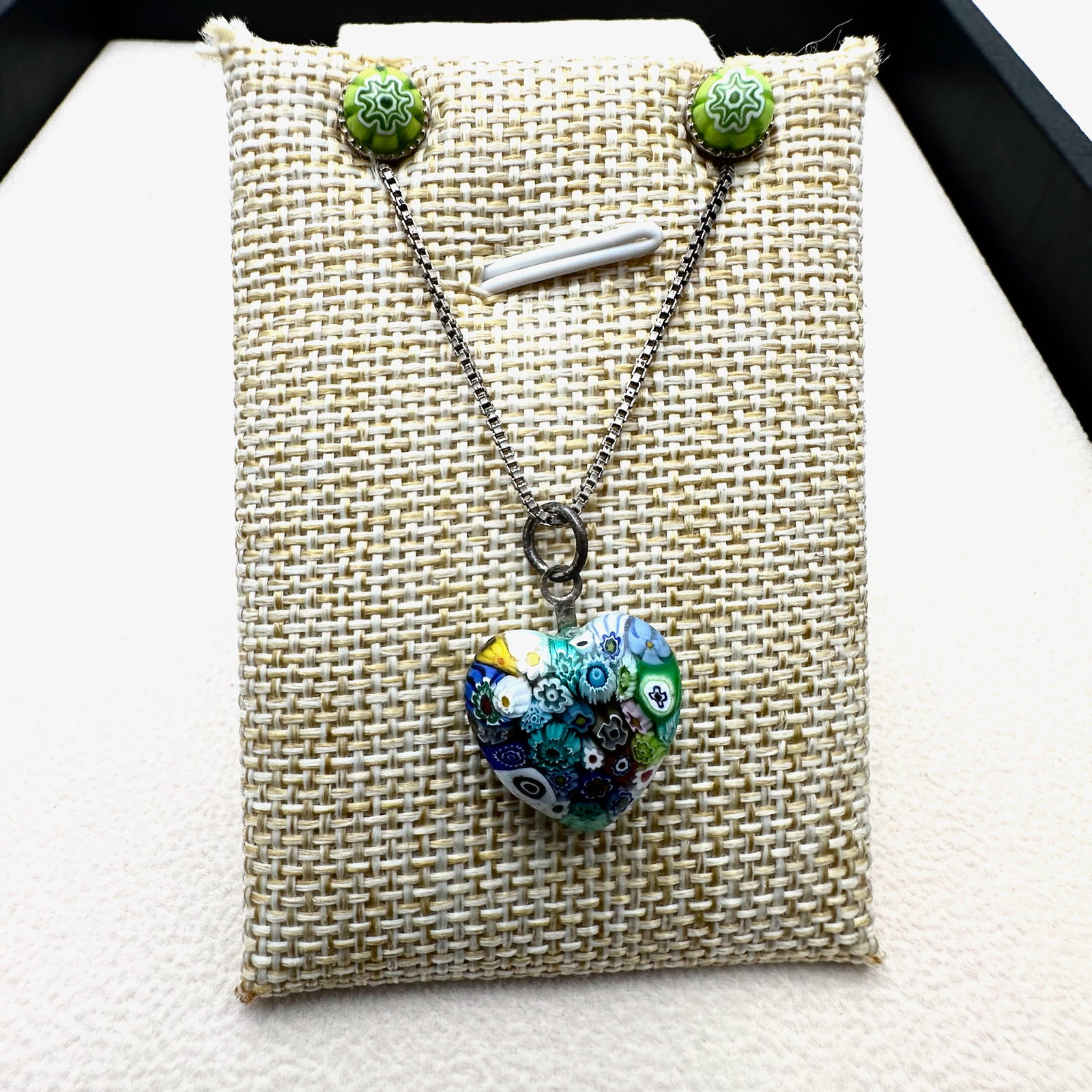 Italian Murano Glass Heart Pendant Sterling Silver Necklace and Pierced Stud Earrings: Italian Murano Glass Heart Pendant Sterling Silver Necklace and Pierced Stud Earrings