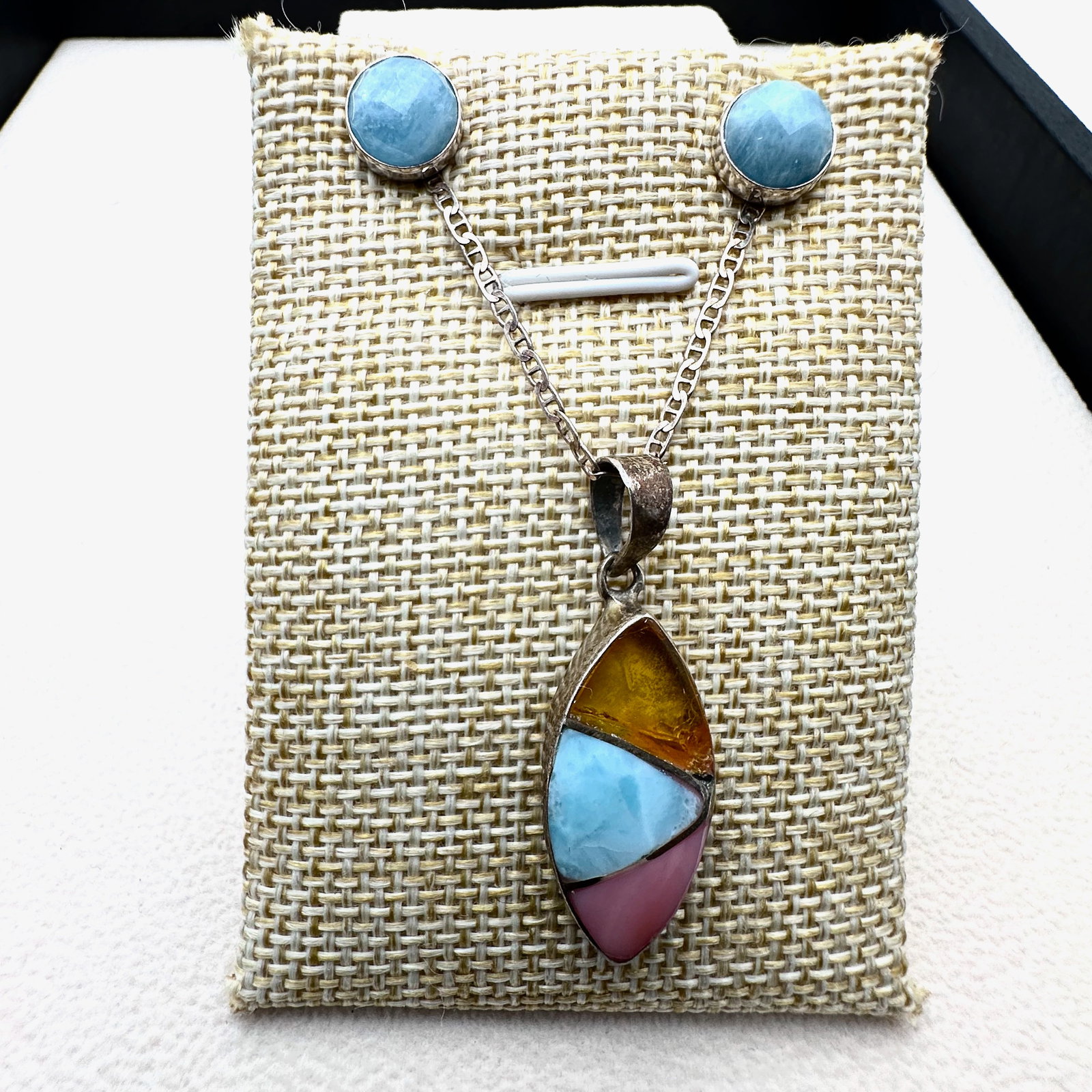 Larimar Amber and Pin Gemstone Sterling Silver Pendant Necklace and Pierced Stud Earrings: Larimar Amber and Pin Gemstone Sterling Silver Pendant Necklace and Pierced Stud Earrings