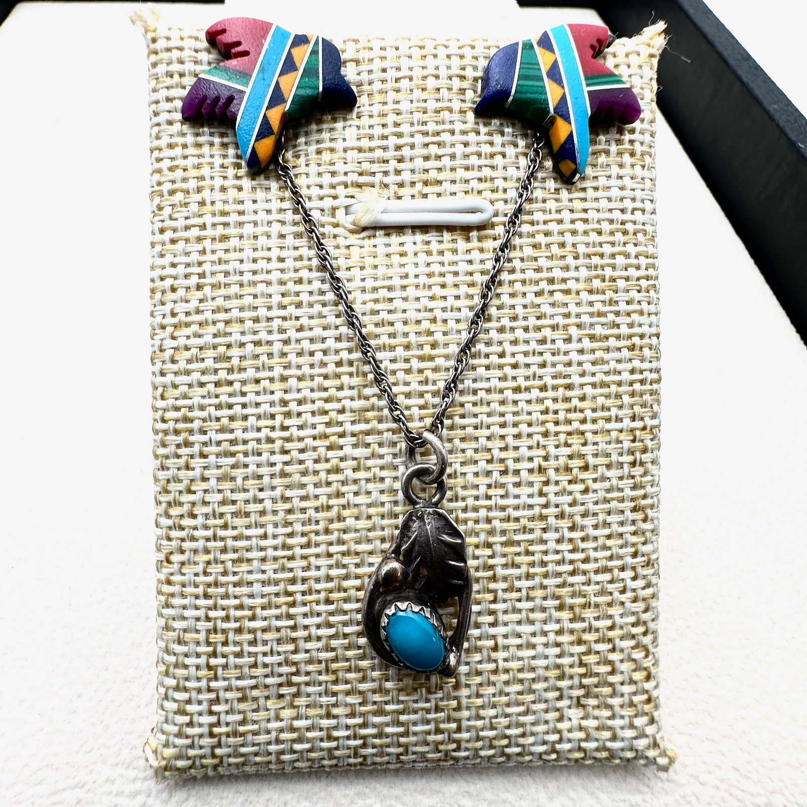 American Southwest Turquoise Sterling Silver Pendant Necklace 17 Inch Chain Inlay Gemstone Stud (1 of 2)