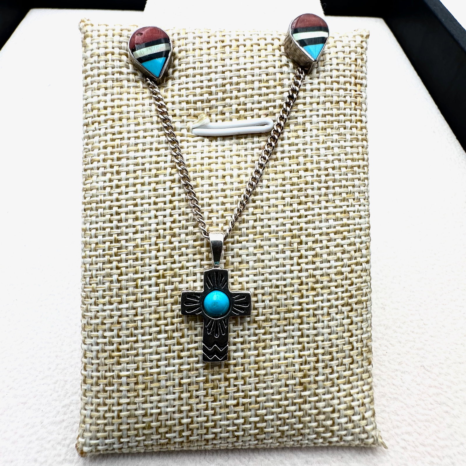 American Southwest Turquoise Sterling Silver Pendant Necklace 22 Inch Chain Inlay Gemstone Stud (1 of 2)