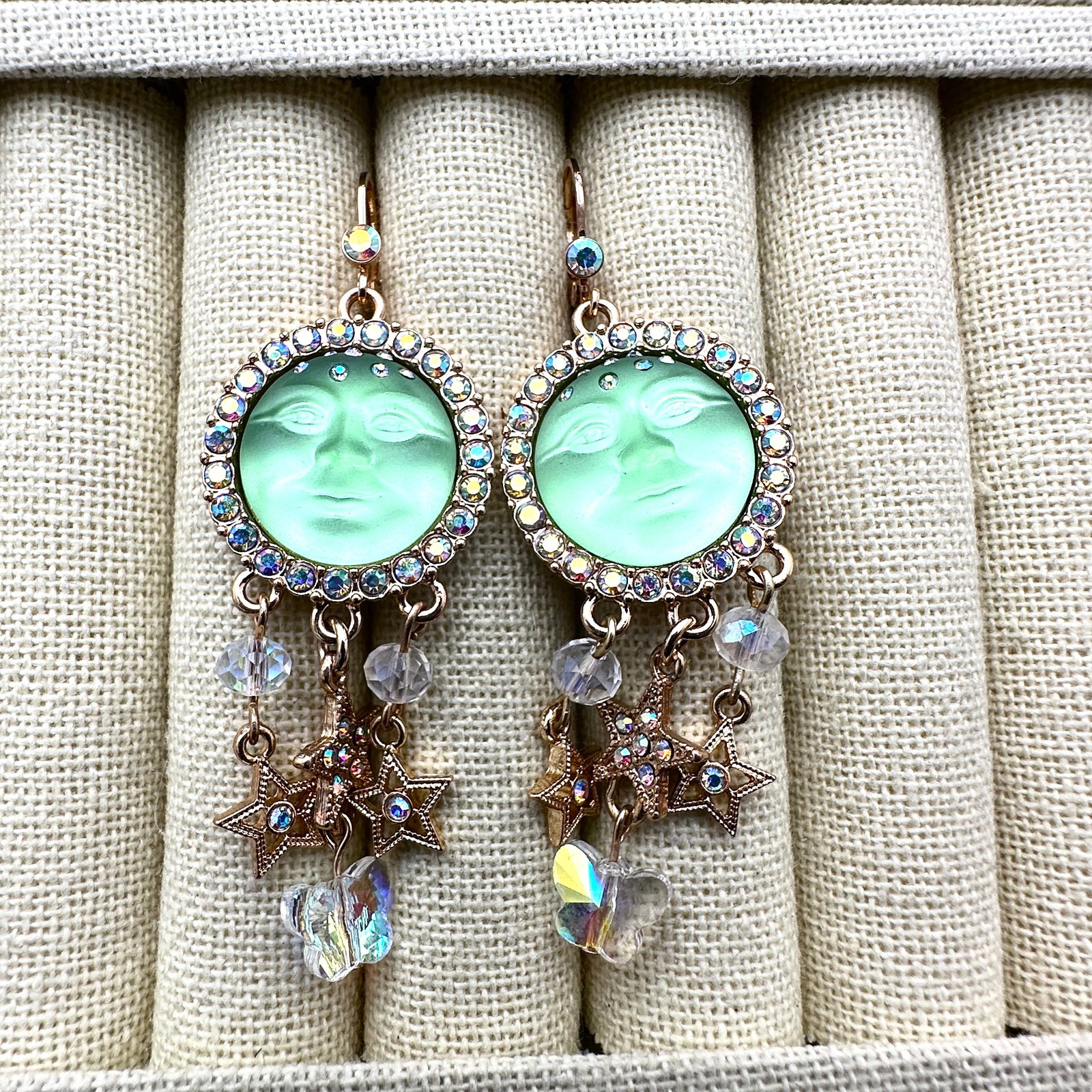 Kirks Folly Green Moon Face Crystal Gold Tone Pierced Earrings 2.5 Inch Length: Kirks Folly Green Moon Face Crystal Gold Tone Pierced Earrings 2.5 Inch Length