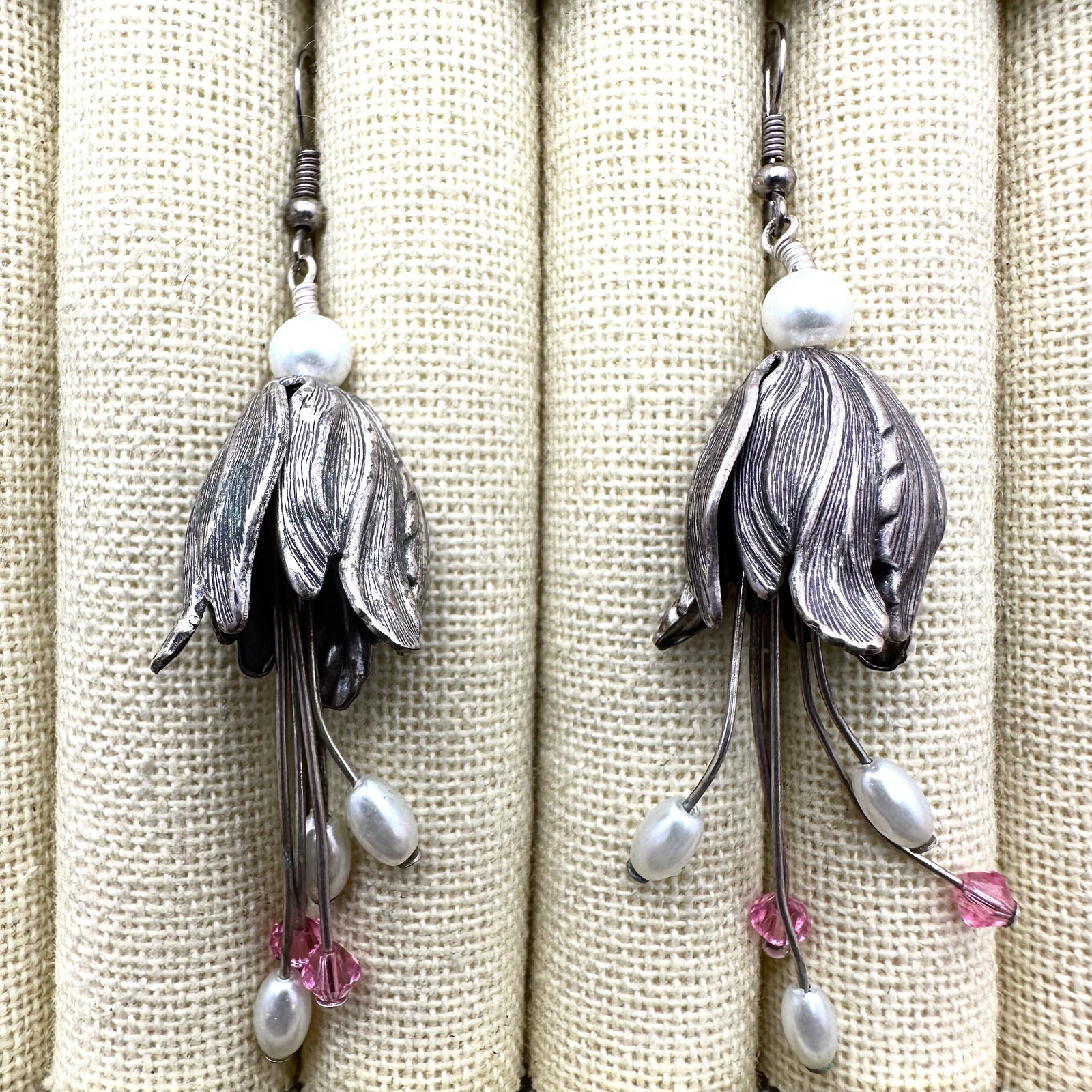 Pearl and Pink Crystal Silver Tone Flower Pierced Chandelier Earrings 3 Inch (1 of 2)