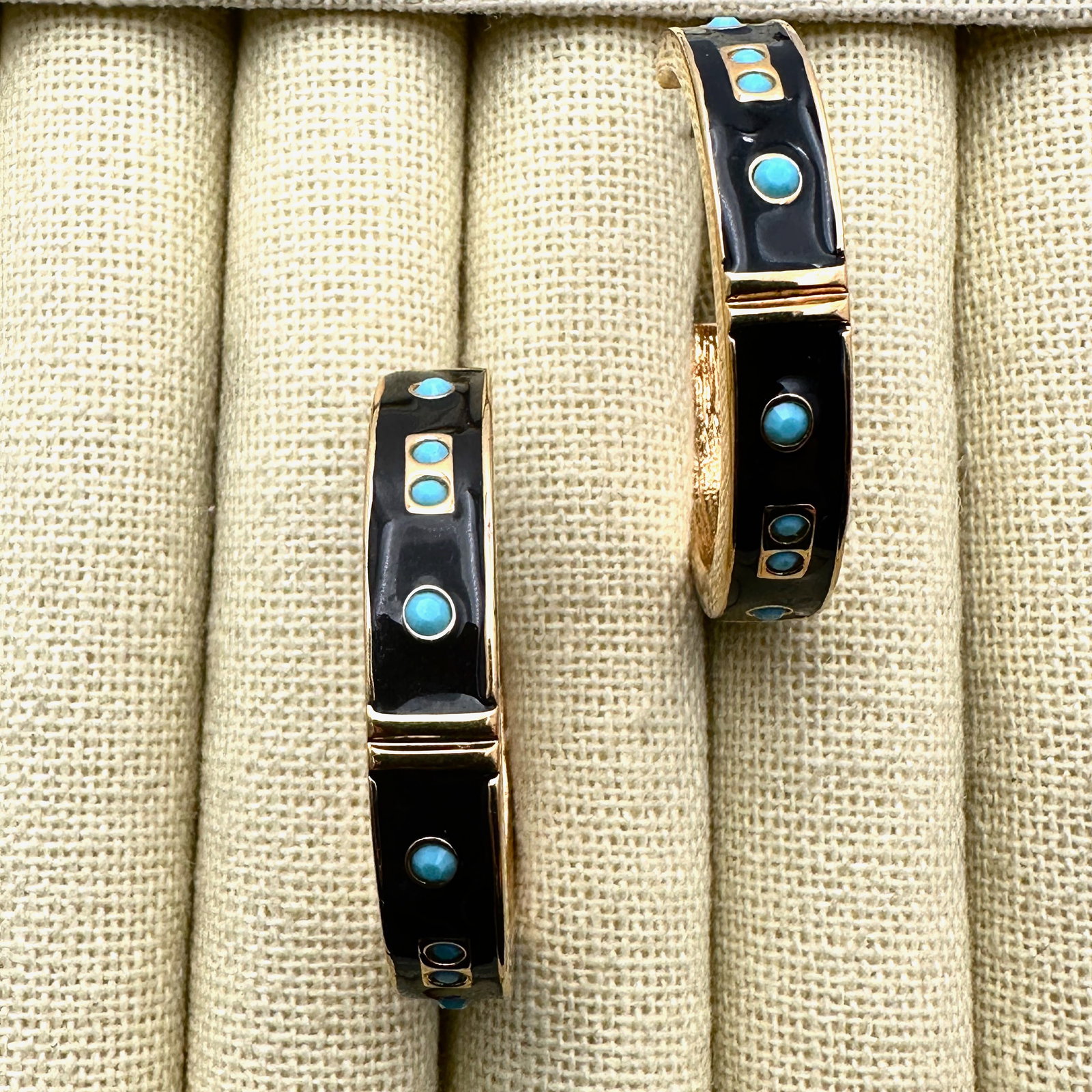 Vintage Kenneth Jay Lane Turquoise Blue Black Gold Tone 1.5 Inch Hoop Earrings (1 of 2)