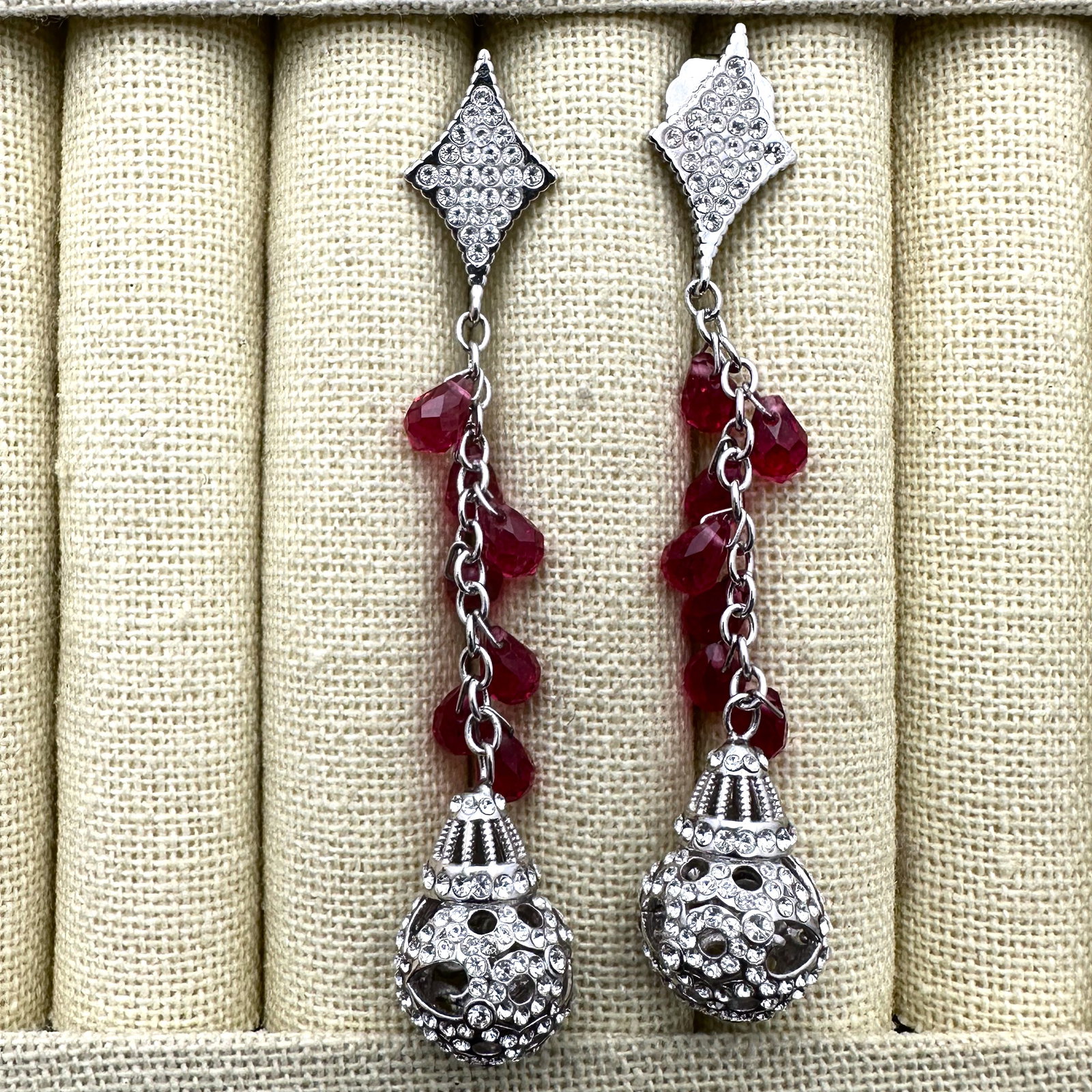 Signed DP Dark Pink and Clear Crystal Silver Tone Pierced Chandelier Earrings 3 Inch Art Deco Style (1 of 2)