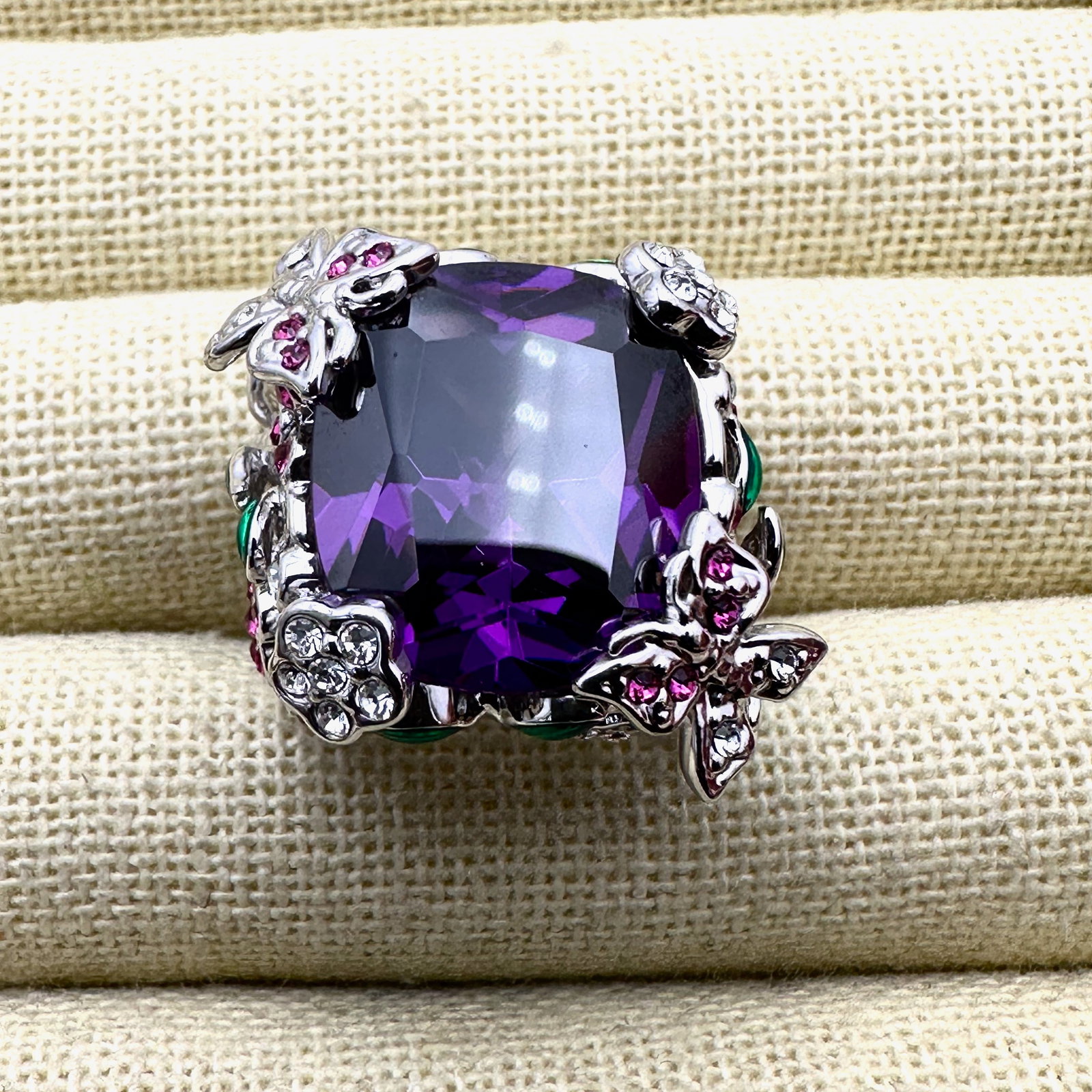 Signed PJM Purple Multicolor Crystal Silver Plated Statement Ring Size 6 (1 of 2)