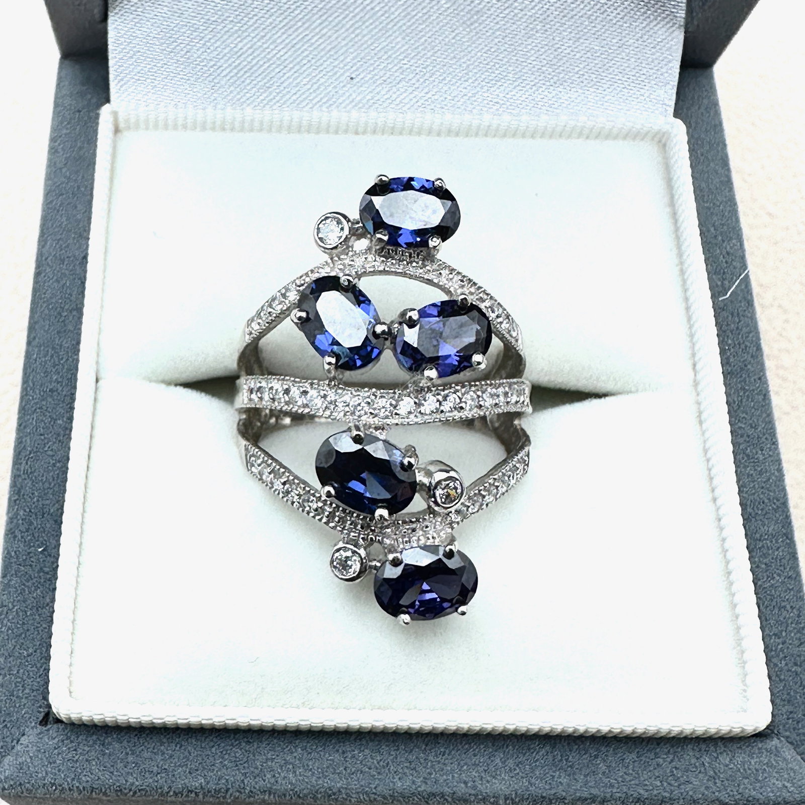 Blue and Clear Cubic Zirconia Sterling Silver Statement Ring Size 9 Box Included (1 of 2)