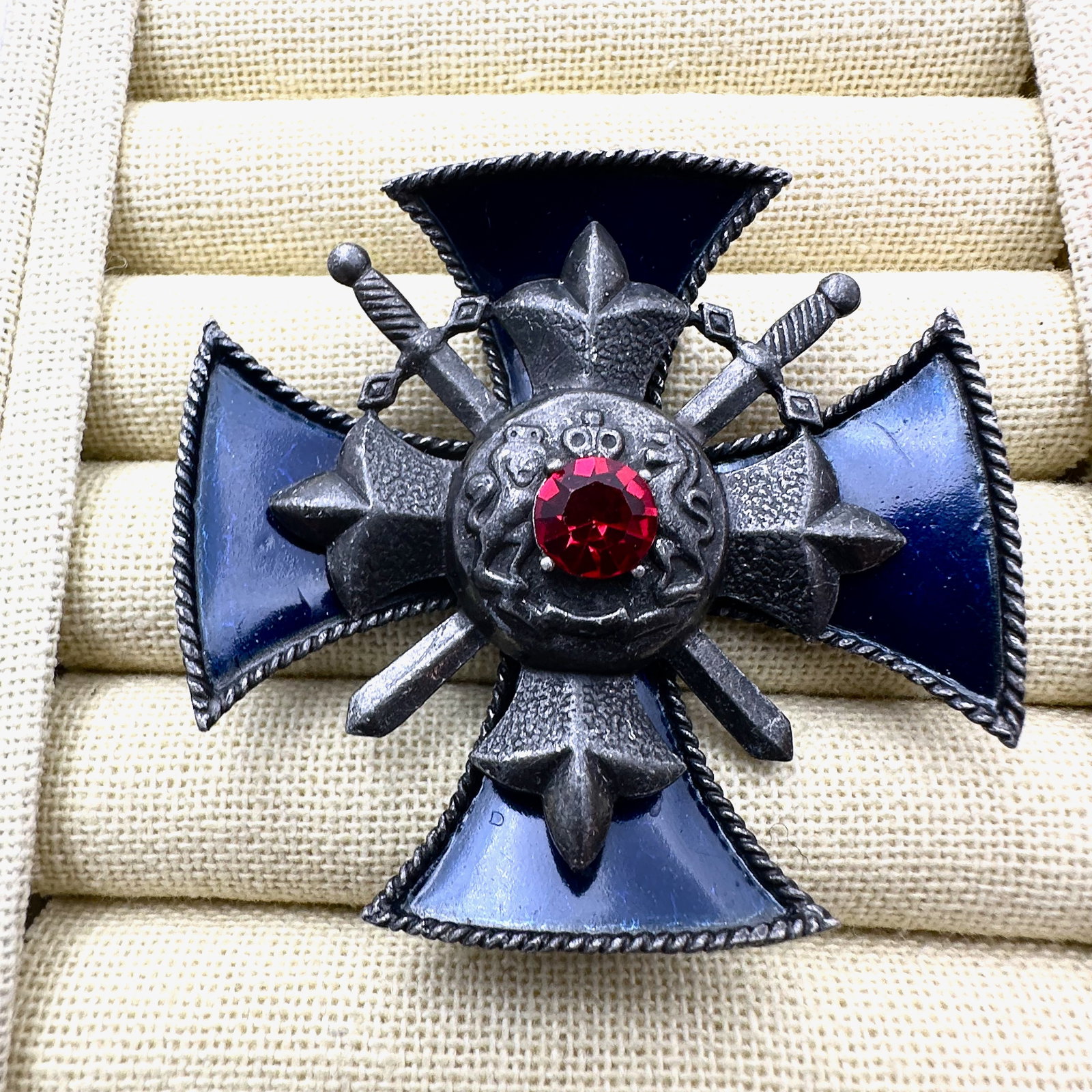 Vintage Weiss Blue Enamel Red Rhinestone Silver Tone Maltese Cross Brooch Pin 2.5 Inch (1 of 2)