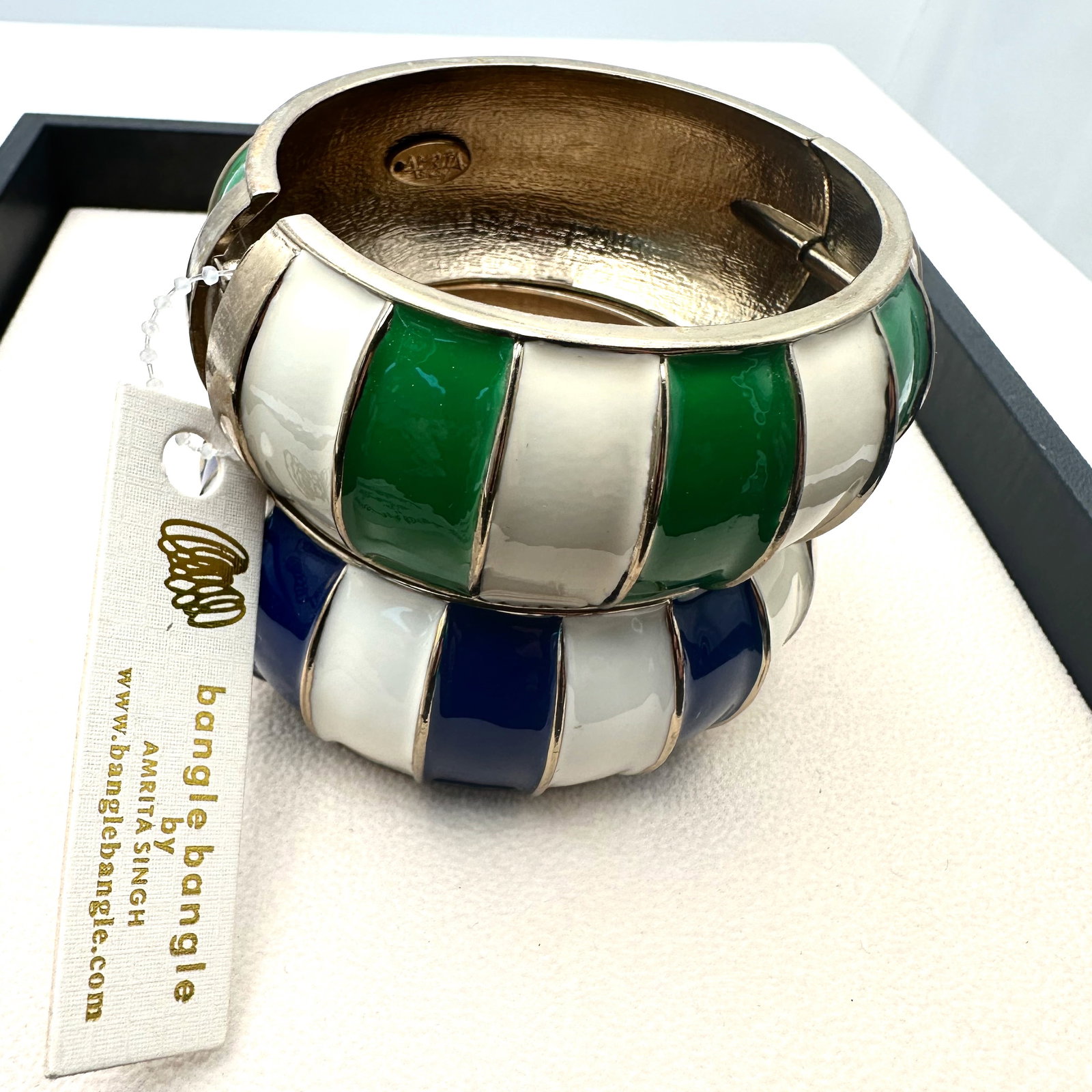 Pair of Wide Enamel Striped Gold Tone Hinged Bangle Bracelets Perfect for Stacking by Amitra Singh (1 of 2)