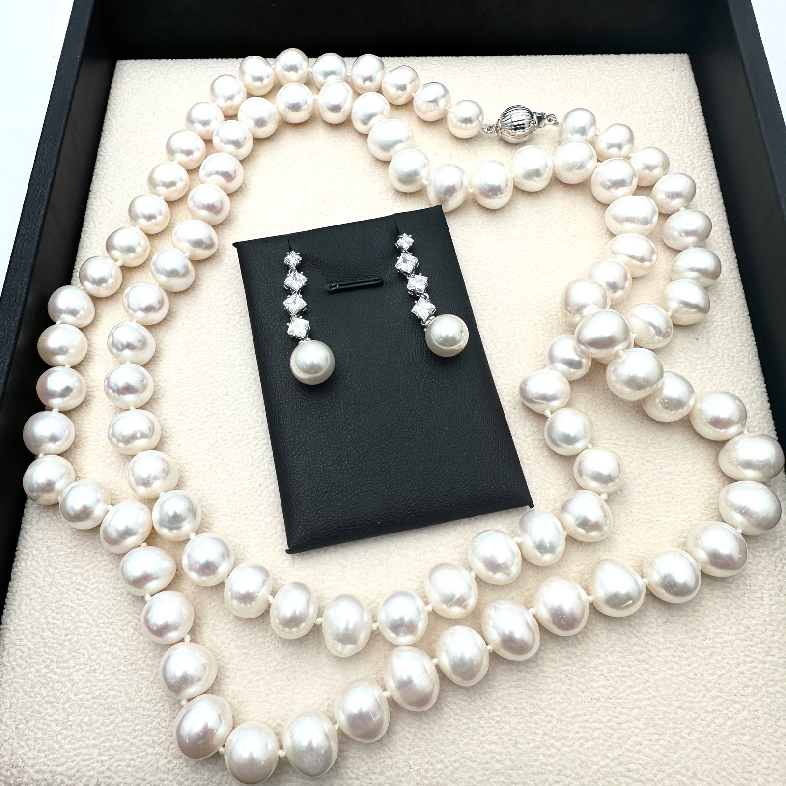 Large Freshwater Pearls 36 Inch Sterling Silver Crystal and Pearl Pierced Chandelier Earrings (1 of 2)
