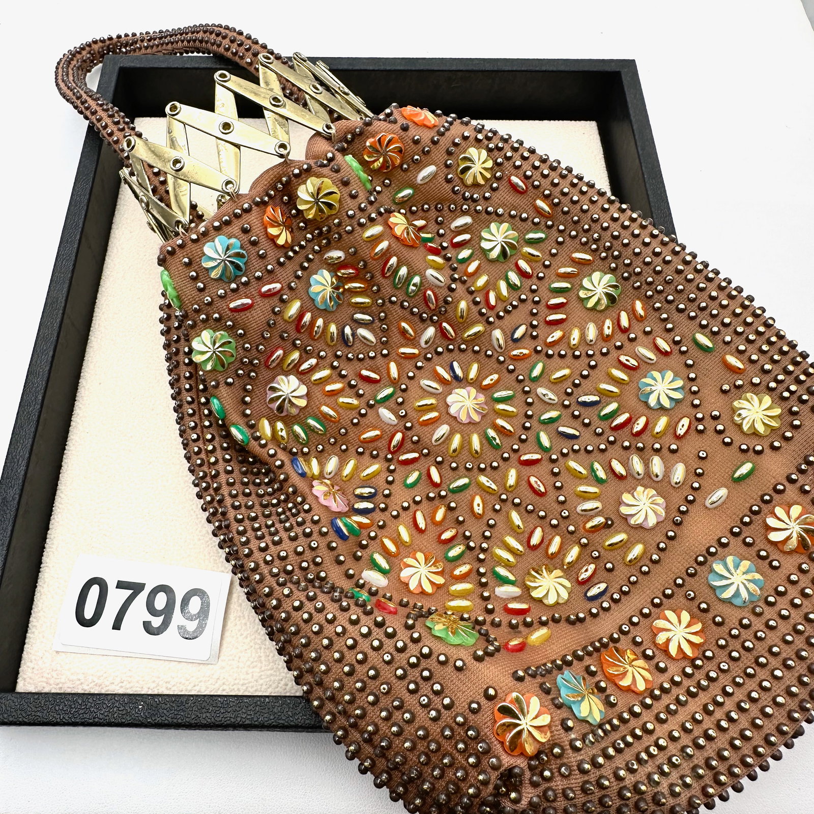 Vintage Beaded Clutch Purse Brown Fabric Multicolor Beads (1 of 2)
