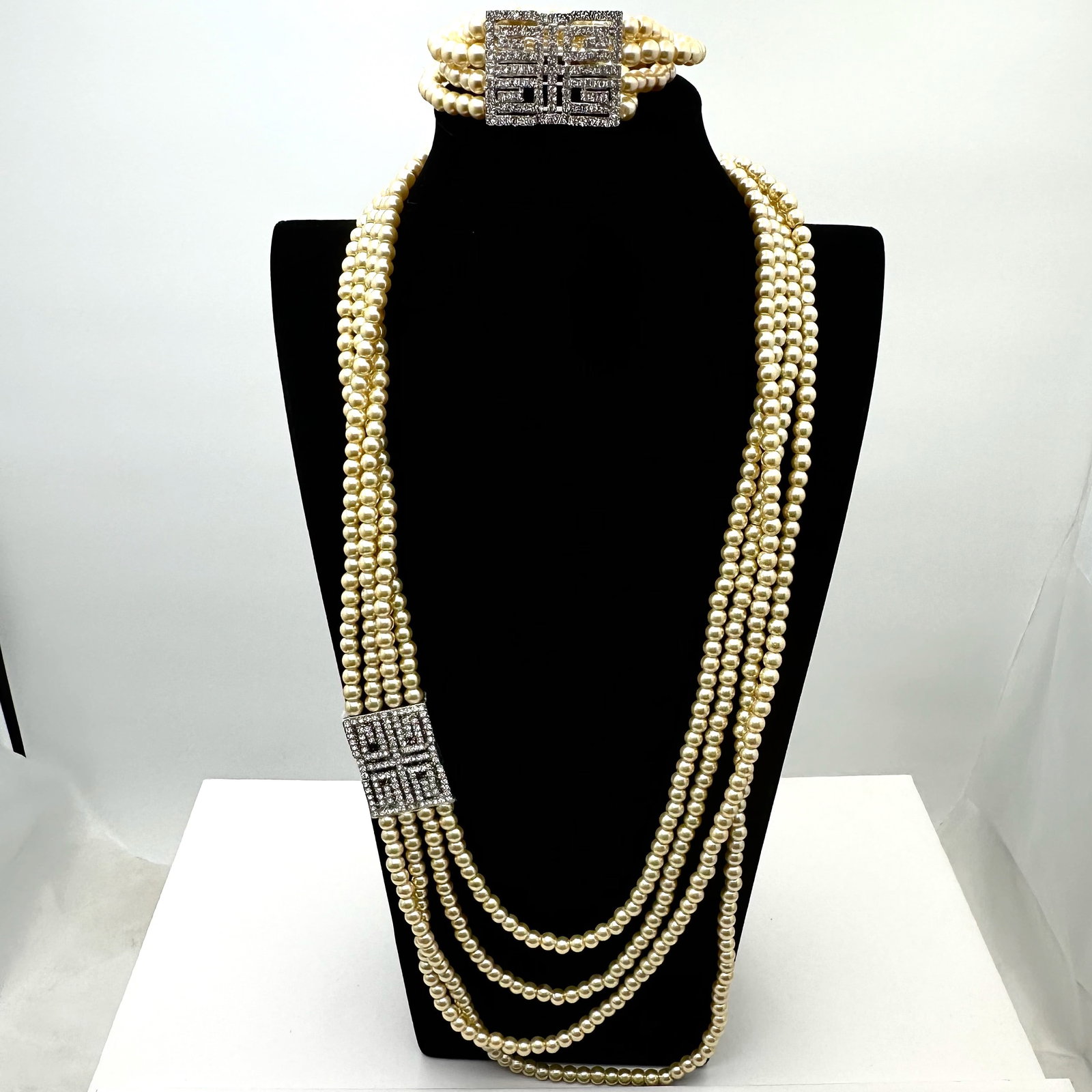 Off White Cream Faux Glass Pearl Multi Strand Necklace with Clear Rhinestone Station and Matching (1 of 2)