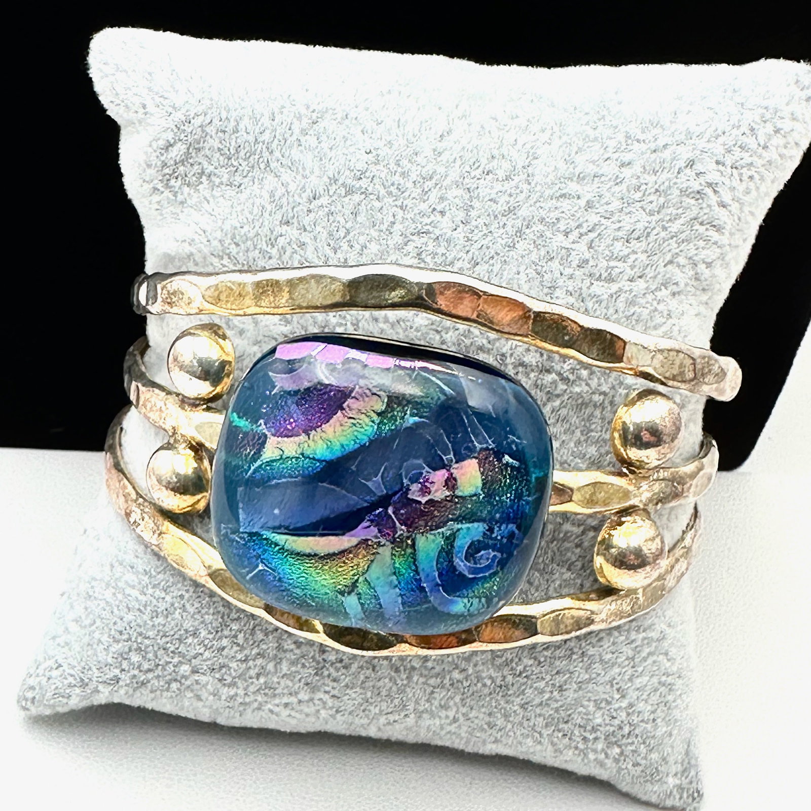 Artisan Multicolor Dichroic Glass Silver Tone Cuff Bracelet (1 of 2)