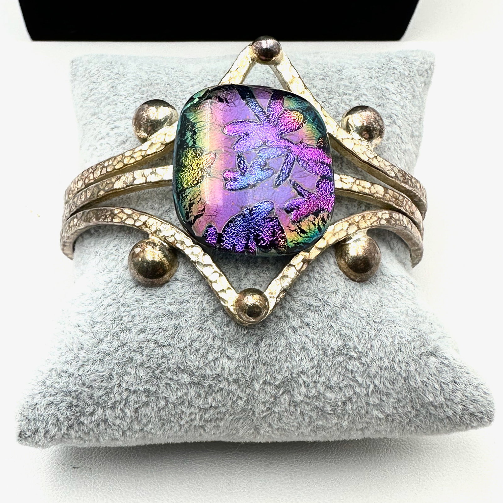 Artisan Multicolor Dichroic Glass Silver Tone Cuff Bracelet (1 of 2)