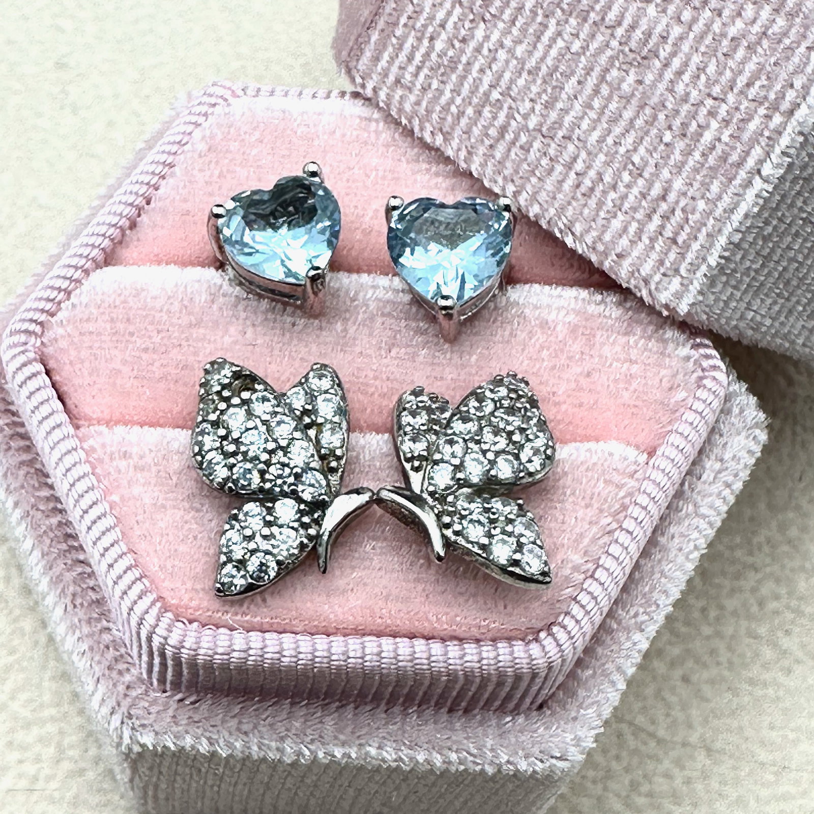 Blue Topaz Heart Stud Earrings And Butterfly Stud Earrings Sterling Silver Pierced Box Included (1 of 2)