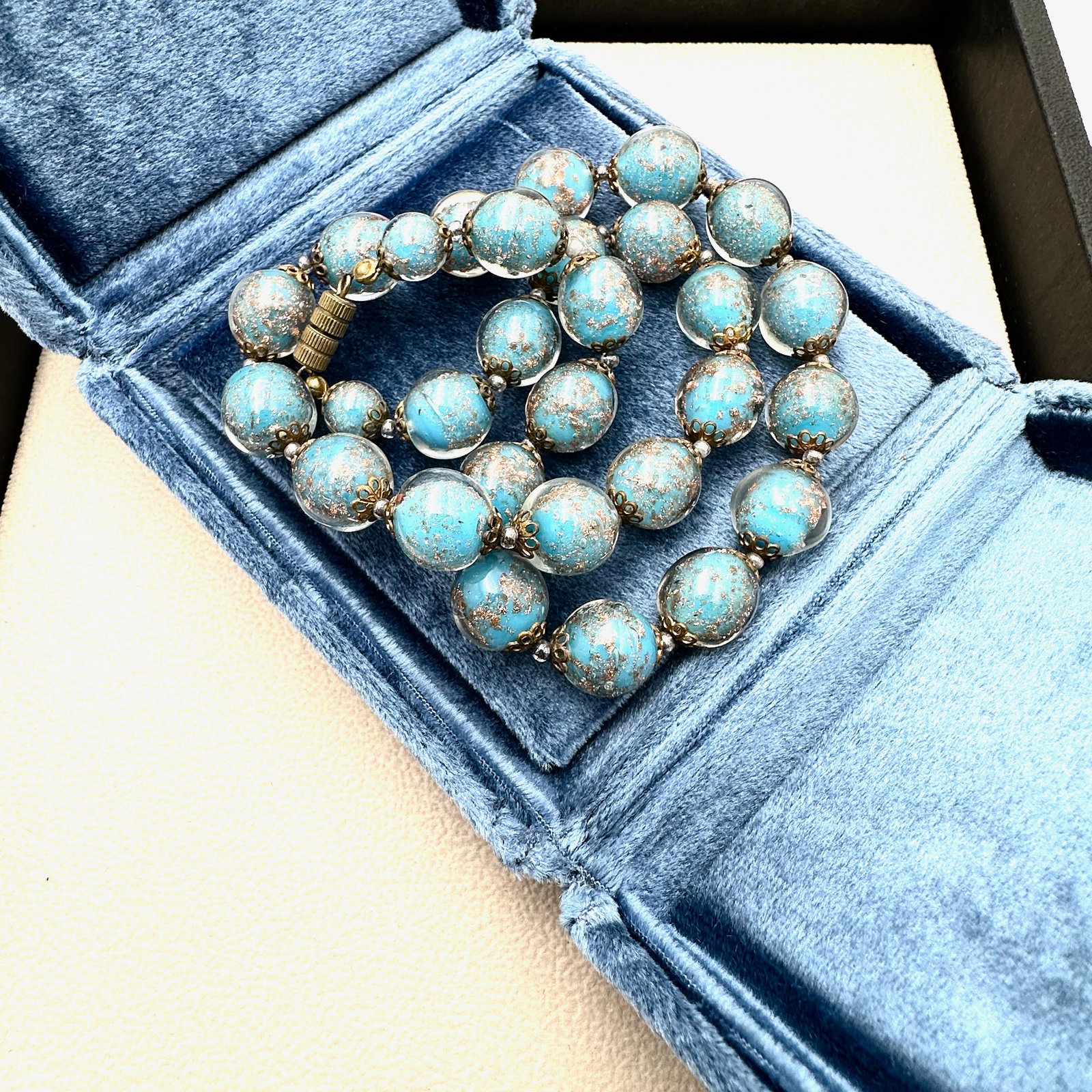 Antique Blue Speckled Italian Venetian Glass Bead Necklace 17 Inch Velvet Box Included (1 of 2)