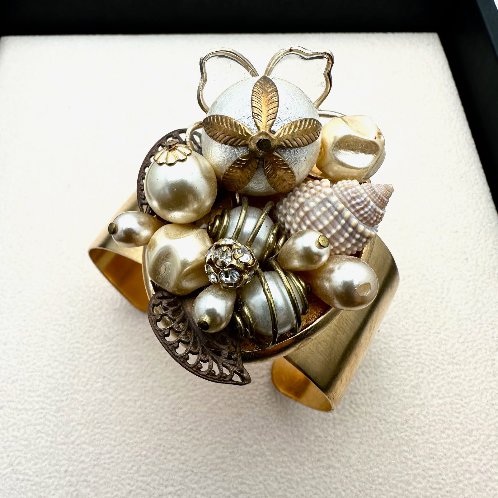 Vintage 1980s Artisan Cuff Bracelet Matte Gold Tone Faux Pearls Shells Crystals: Vintage 1980s Artisan Cuff Bracelet Matte Gold Tone Faux Pearls Shells Crystals
