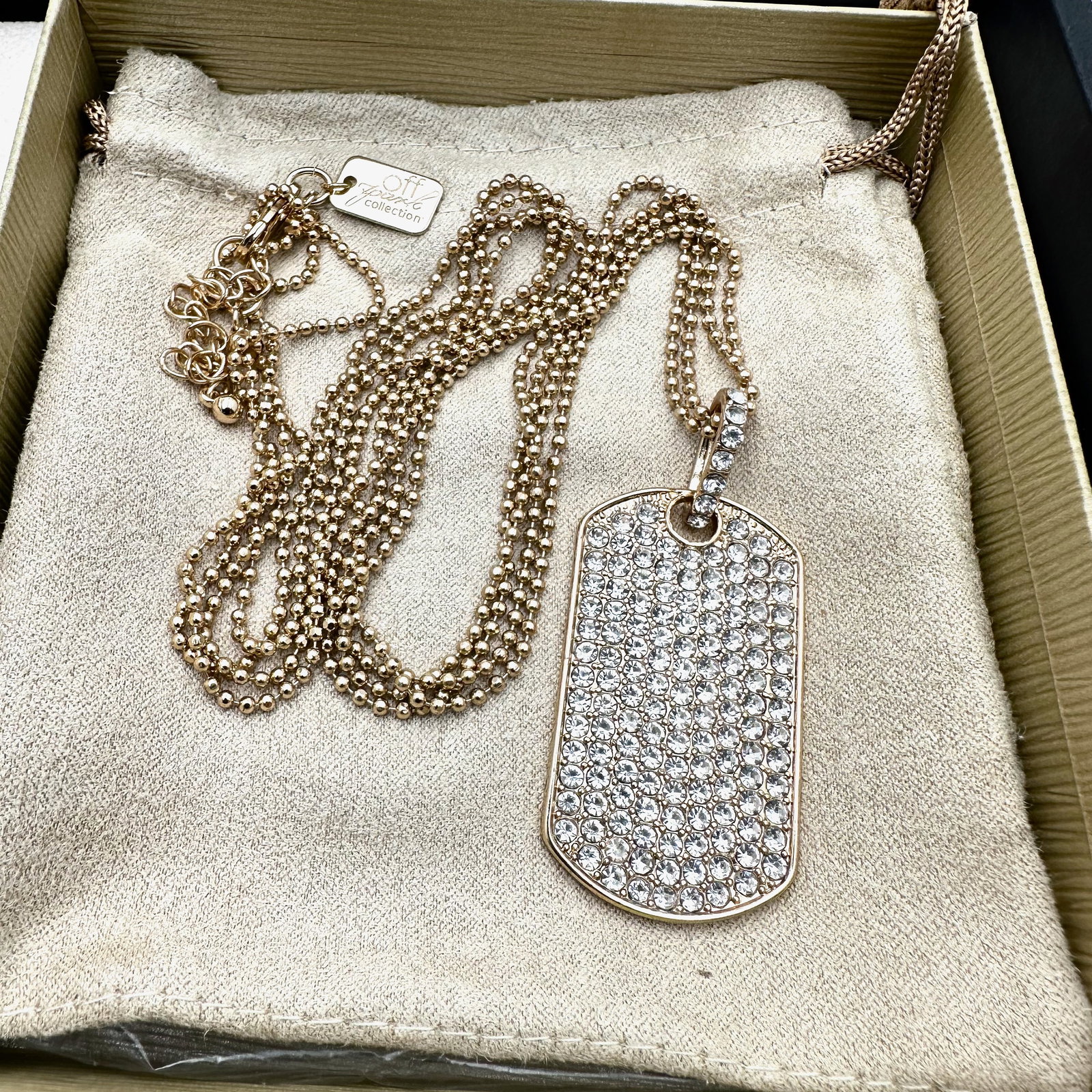 Off Park Collection Clear Crystal Dog Tag Pendant Gold Tone Necklace Original Box 28 Inch Chain (1 of 2)