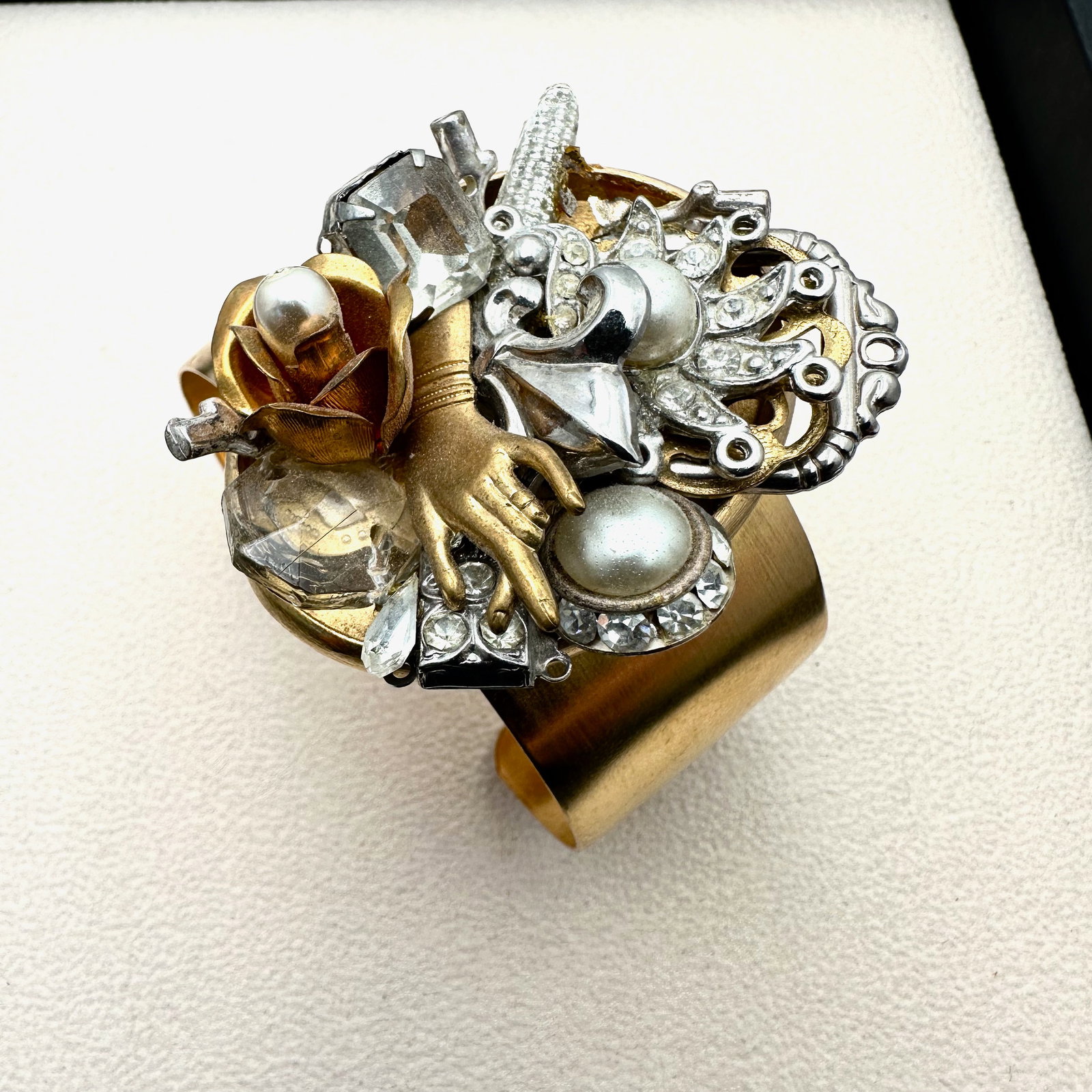 Vintage 1980s Artisan Cuff Bracelet Matte Gold Tone Crystal Faux Pearl Flower Hand: Vintage 1980s Artisan Cuff Bracelet Matte Gold Tone Crystal Faux Pearl Flower Hand
